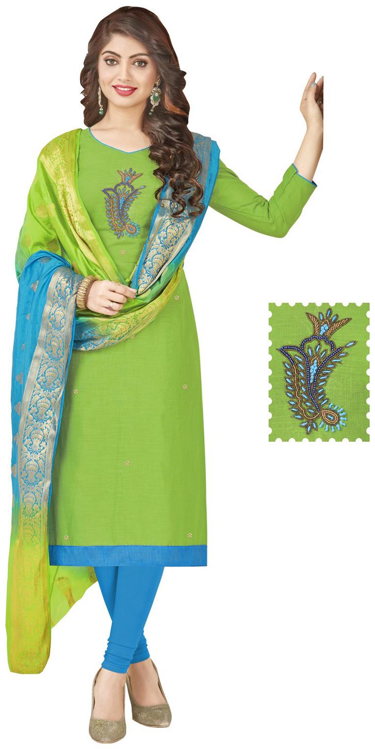 

JHEENU Cotton Embroidered Green Kurta Bottom Dupatta