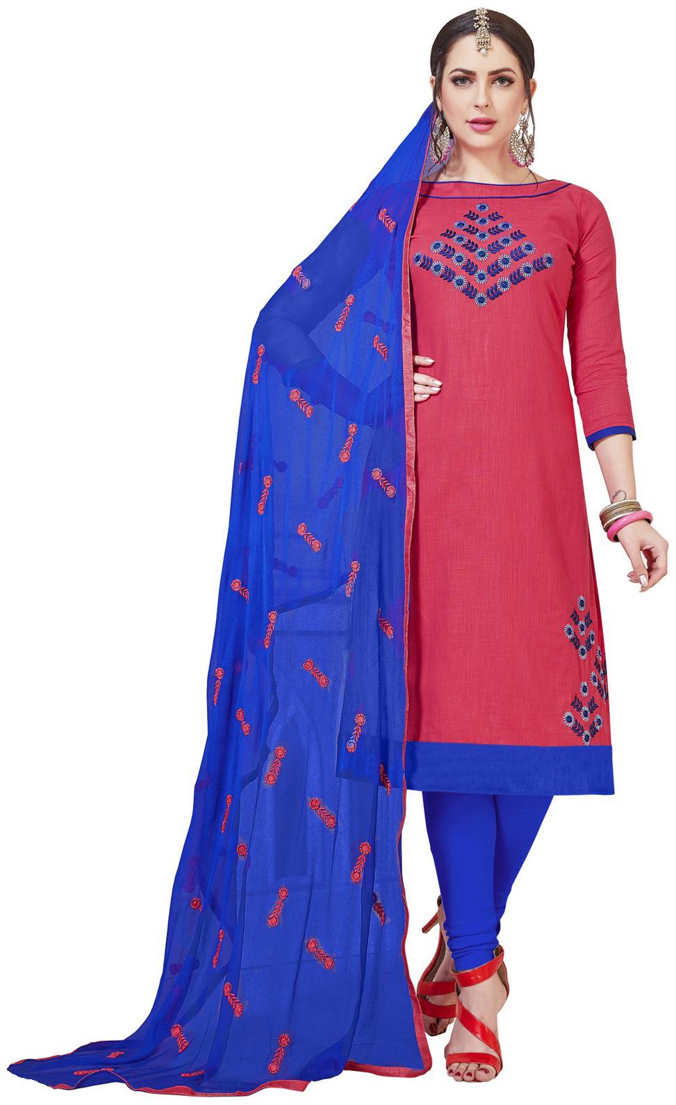 

JHEENU Cotton Embroidered Peach Kurta Bottom Dupatta