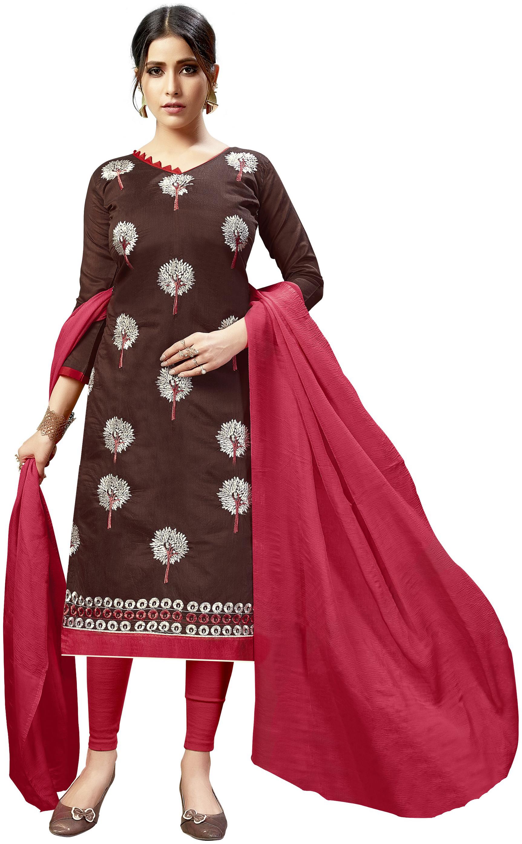 

JHEENU Chanderi Embroidered Brown Kurta Bottom Dupatta