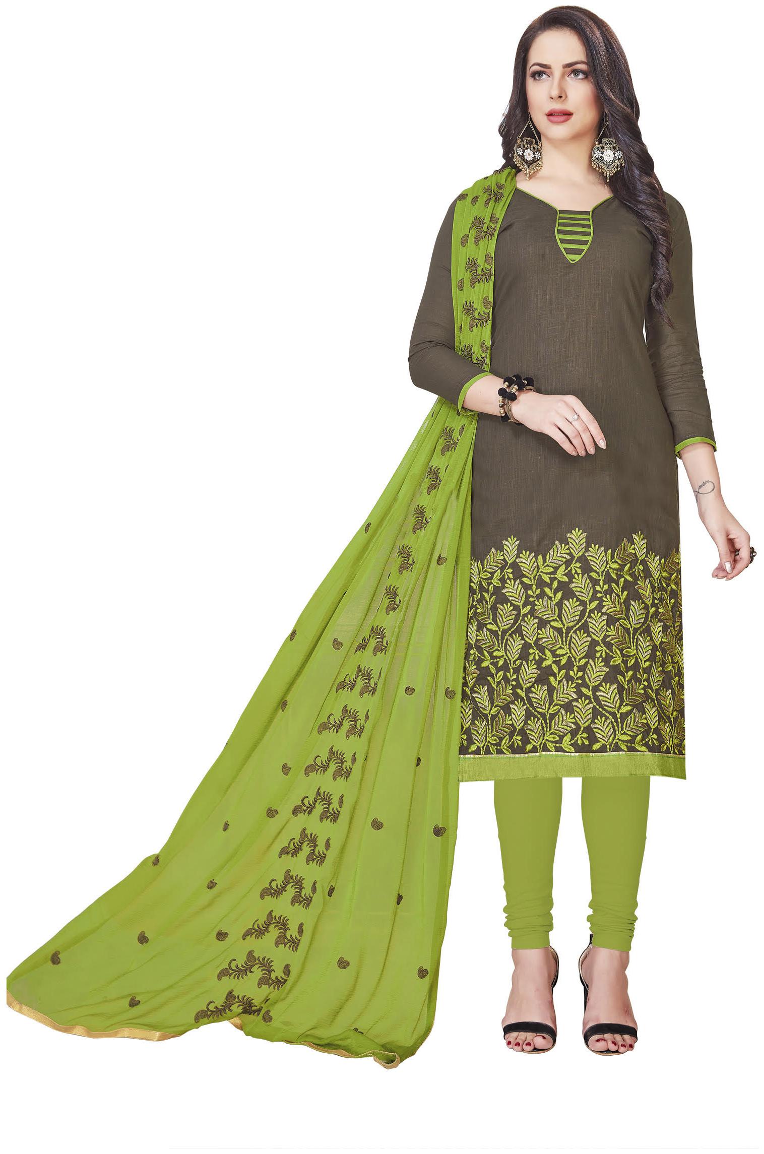 

JHEENU Cotton Embroidered Brown Kurta Bottom Dupatta