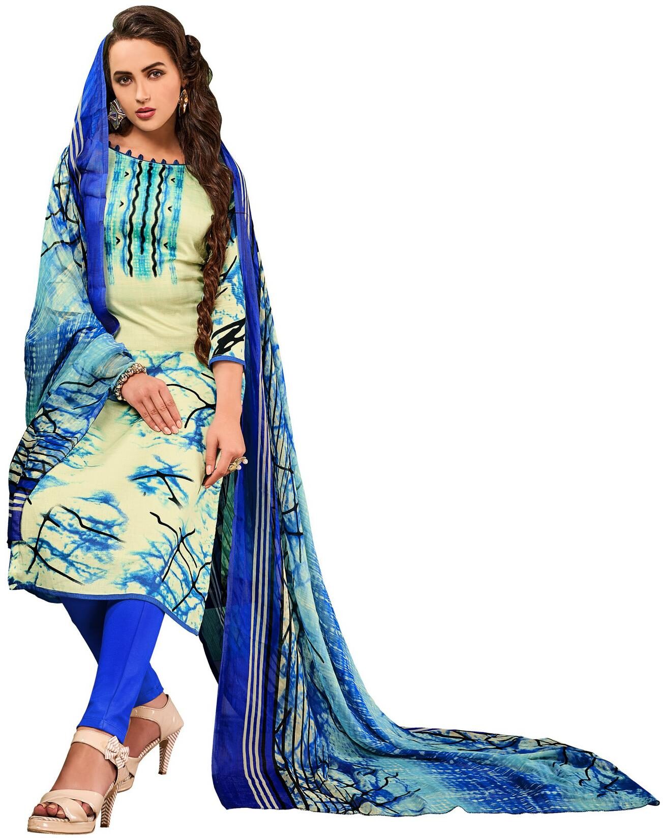 

JHEENU Cream Unstitched Kurta with bottom dupatta With dupatta Dress Material