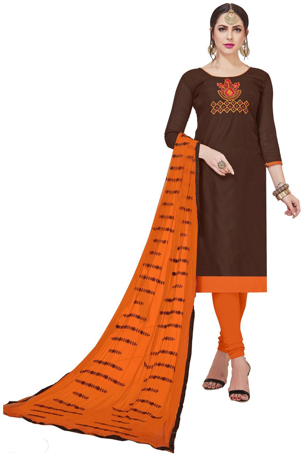 

JHEENU Silk Embroidered Brown Kurta Bottom Dupatta
