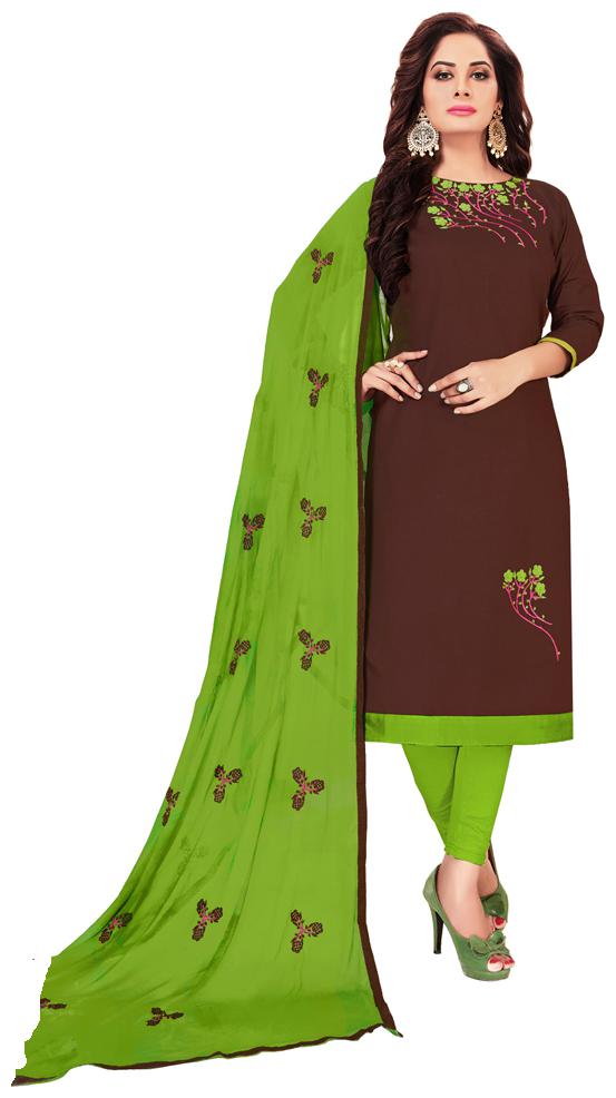 

JHEENU Woman Embroidered Cotton Unstitched straight Dress Materials Brown Green