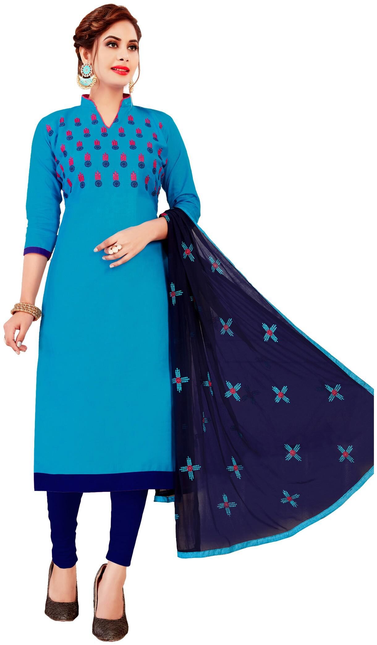 

JHEENU Women Cotton Unstitched straight Dress Materials Blue Navy Blue