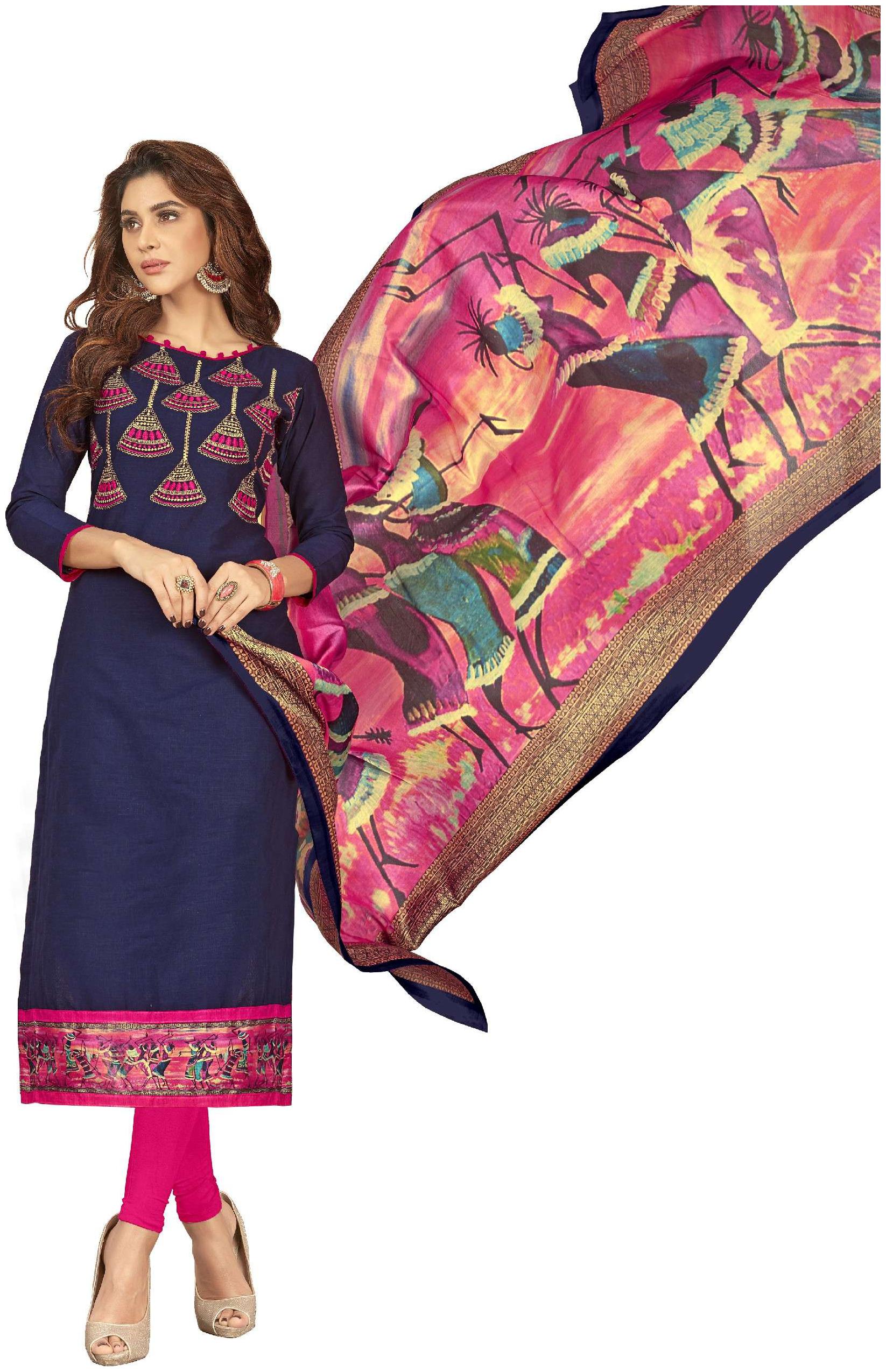 

JHEENU Women s Slub Cotton Unstitched Dressmaterials(GGMHYR1008 Blue)