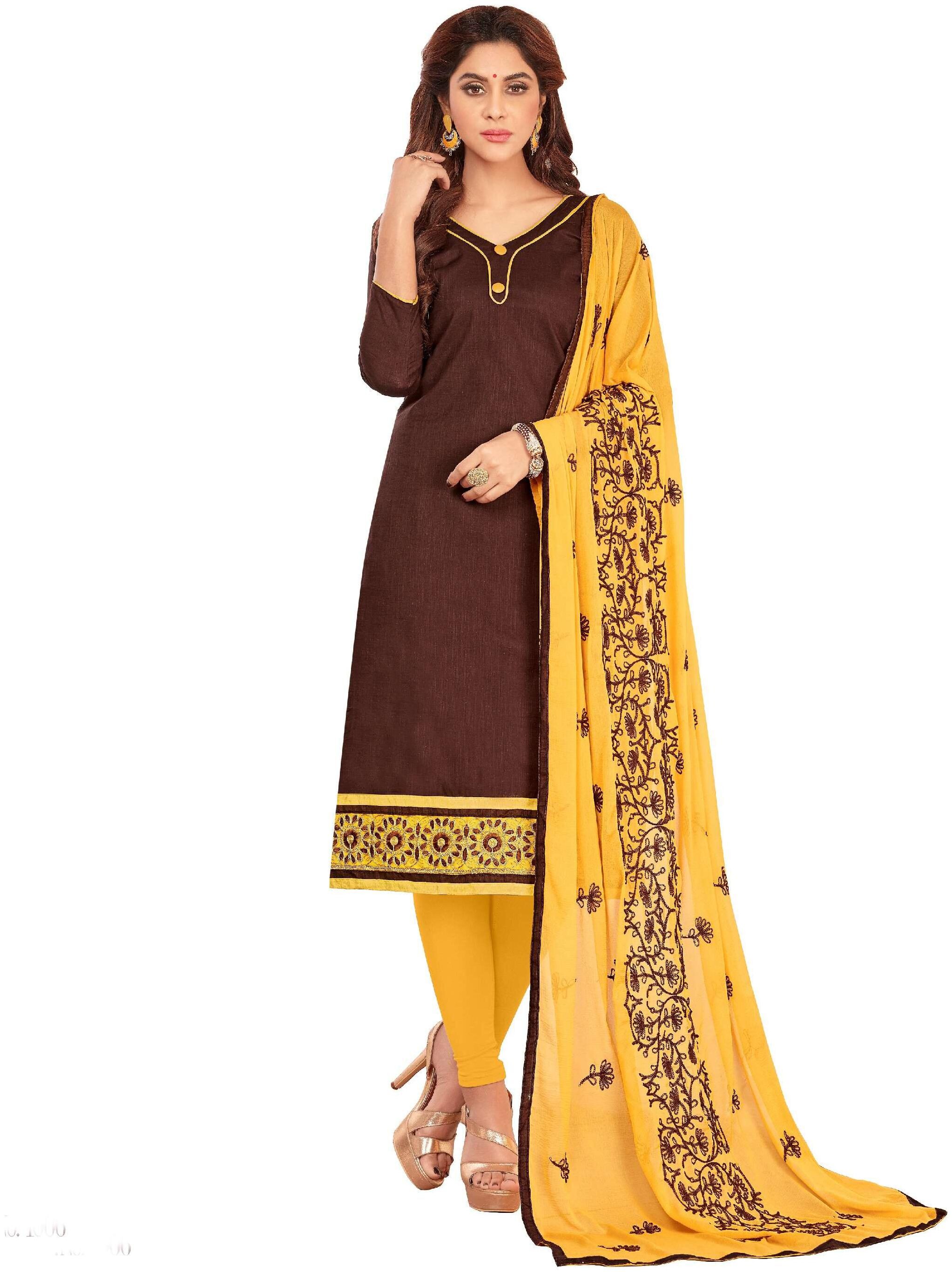 

JHEENU Women s Slub Cotton Unstitched Dressmaterials(GGFLRNC06 Brown)