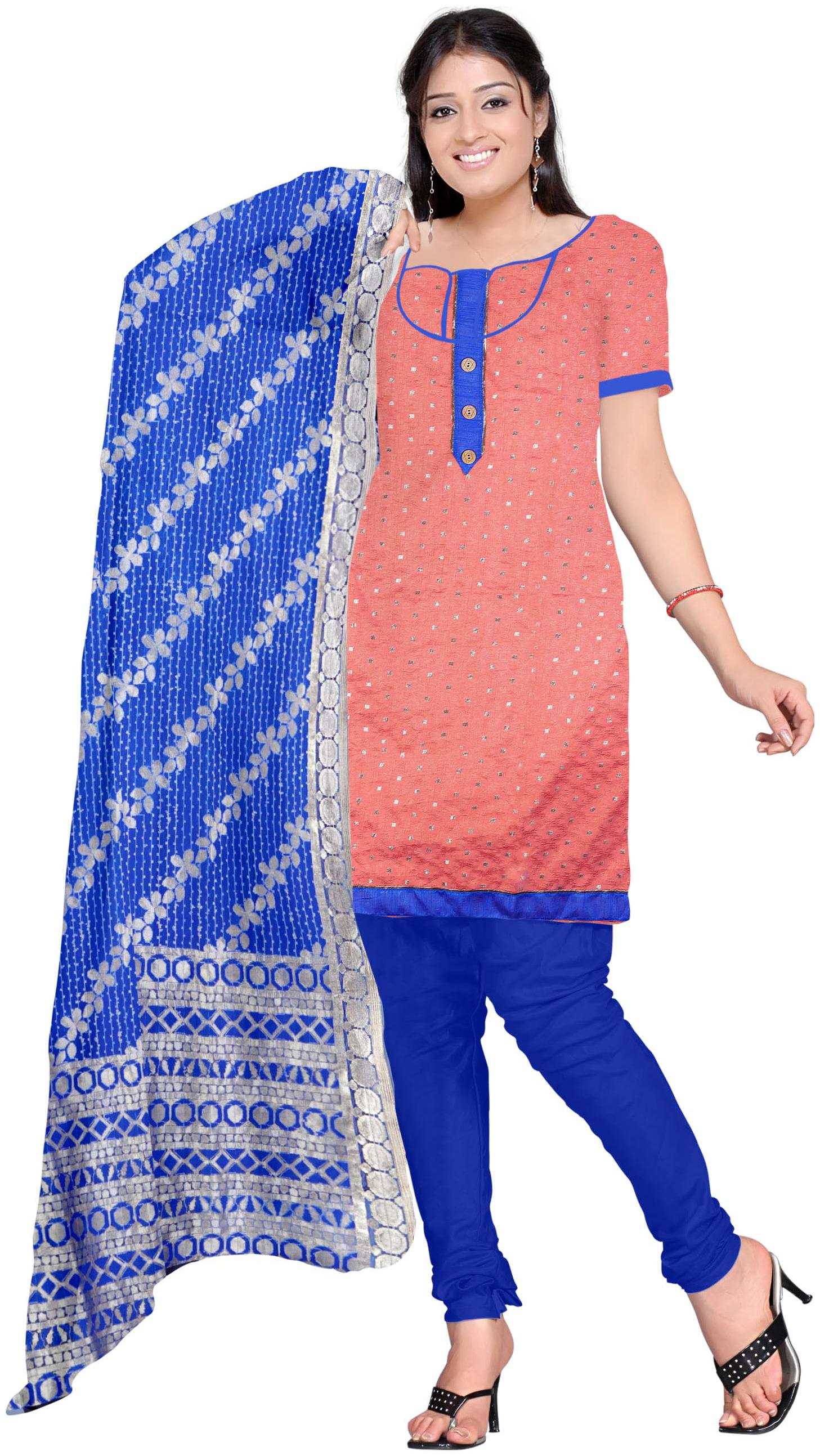 

Jheenu Women S Peach And Blue Cotton Unstitched Dress Materials