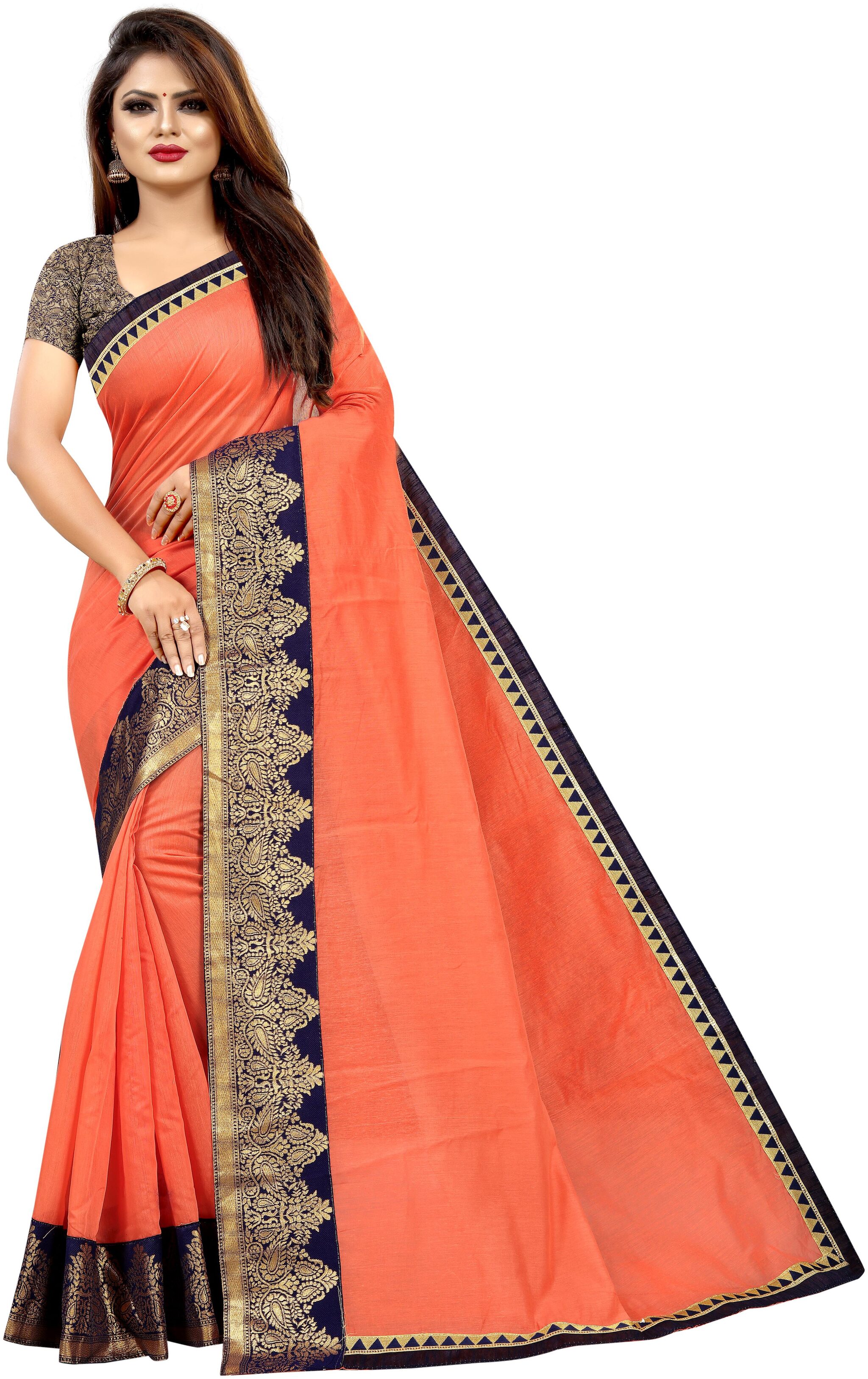 

JINAL AND JINAL Women Cotton Blend Solid Saree Peach