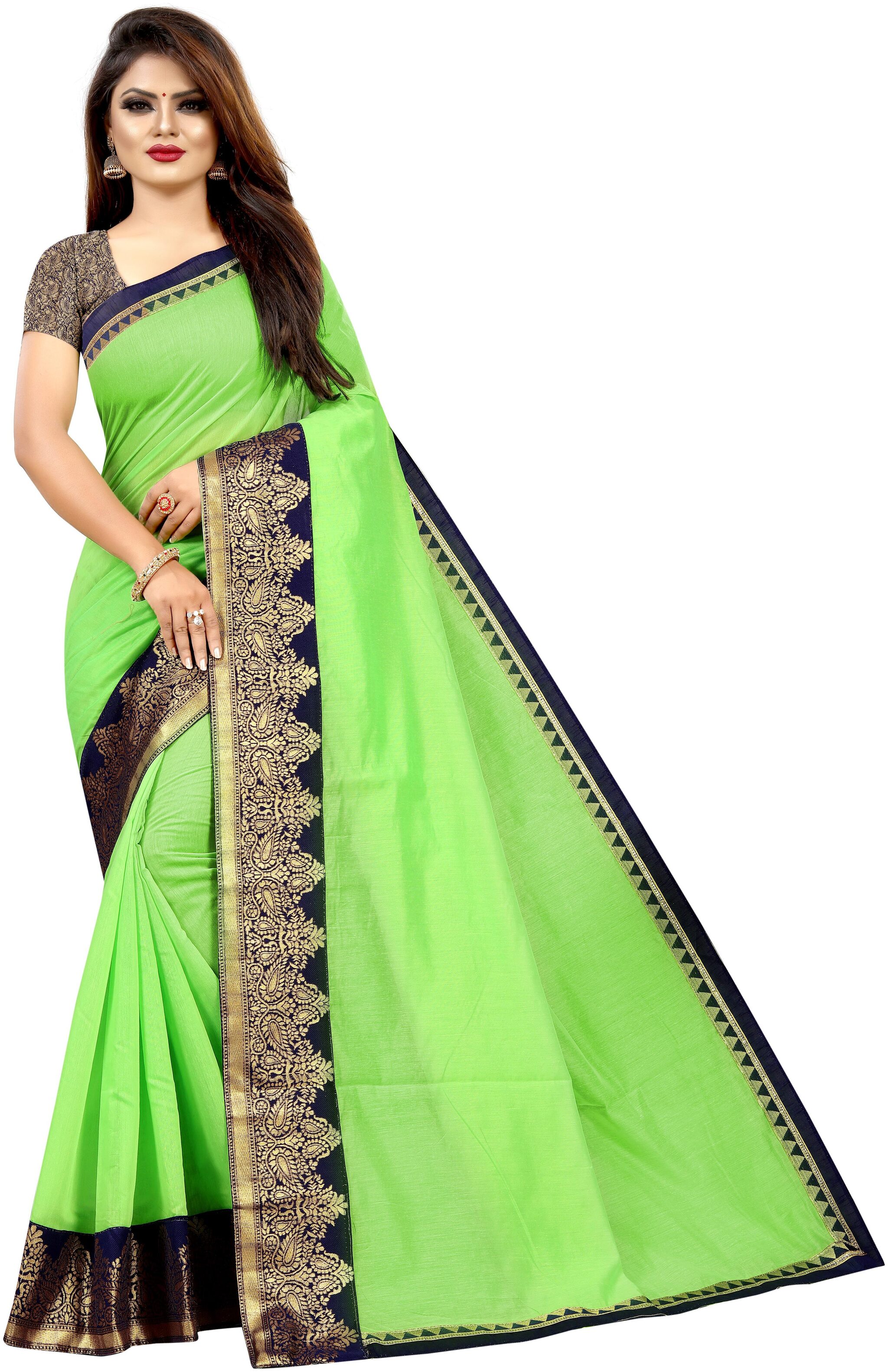 

JINAL AND JINAL Women Cotton Blend Solid Saree Green