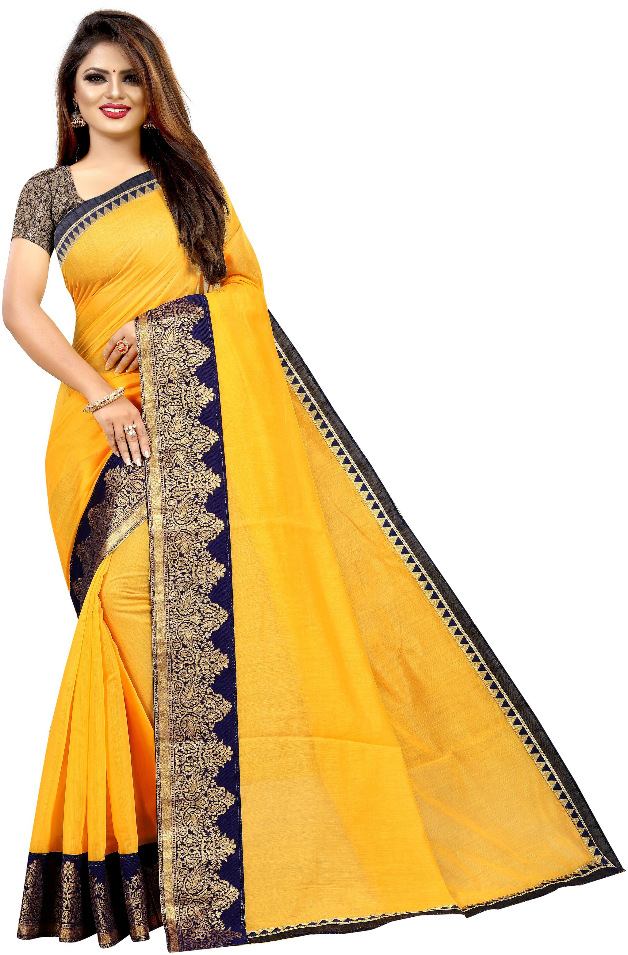 

JINAL AND JINAL Women Cotton Blend Solid Saree Yellow