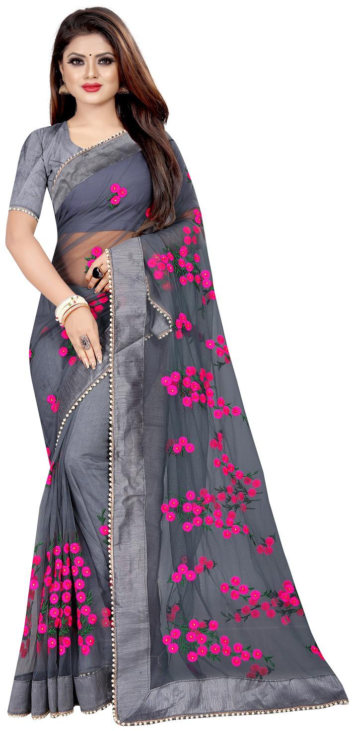 

JINNAR Women Net Embroidered Saree Grey