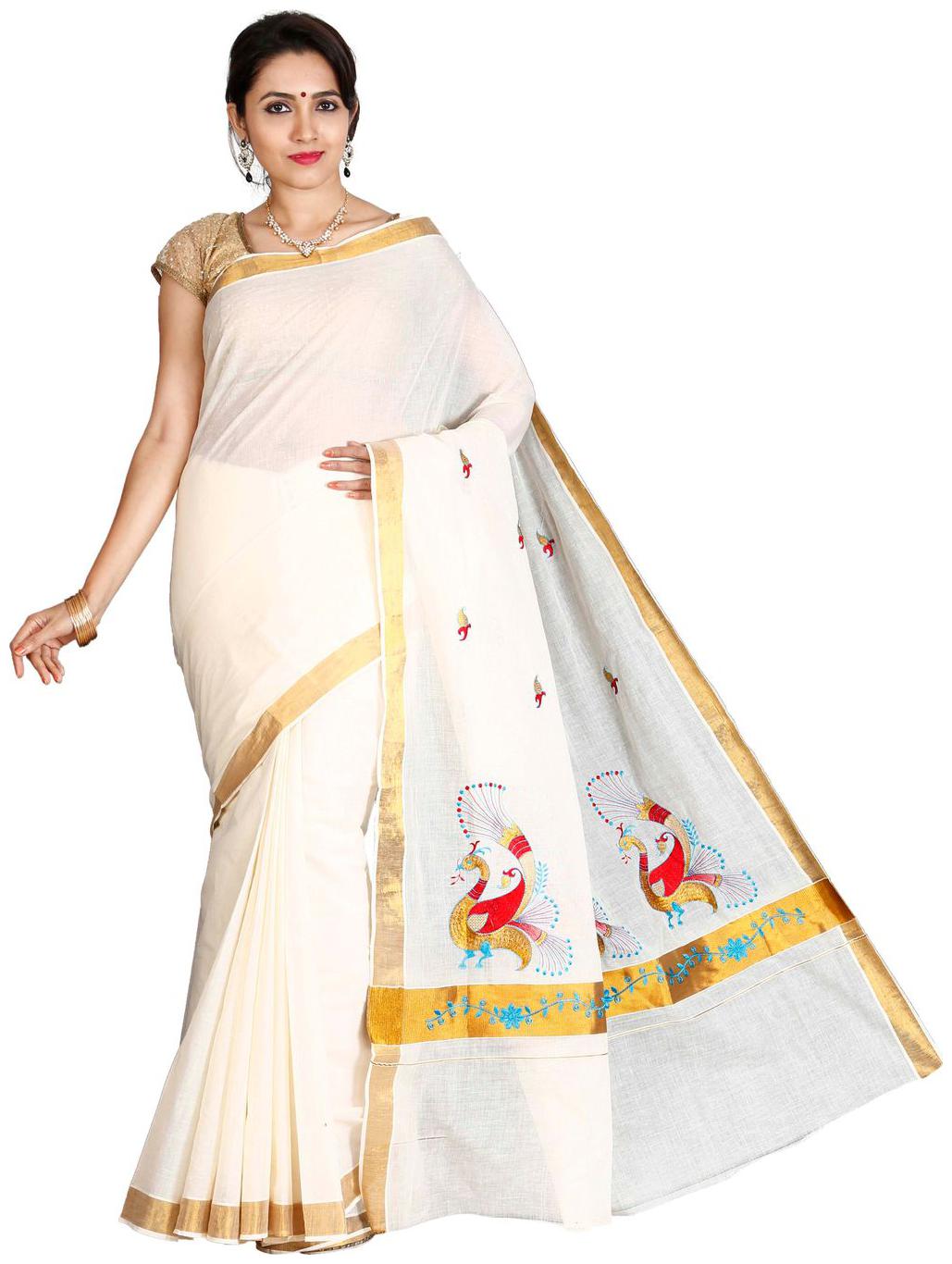 

JISB Kasavu Red Zari Peacock Embroidered Saree