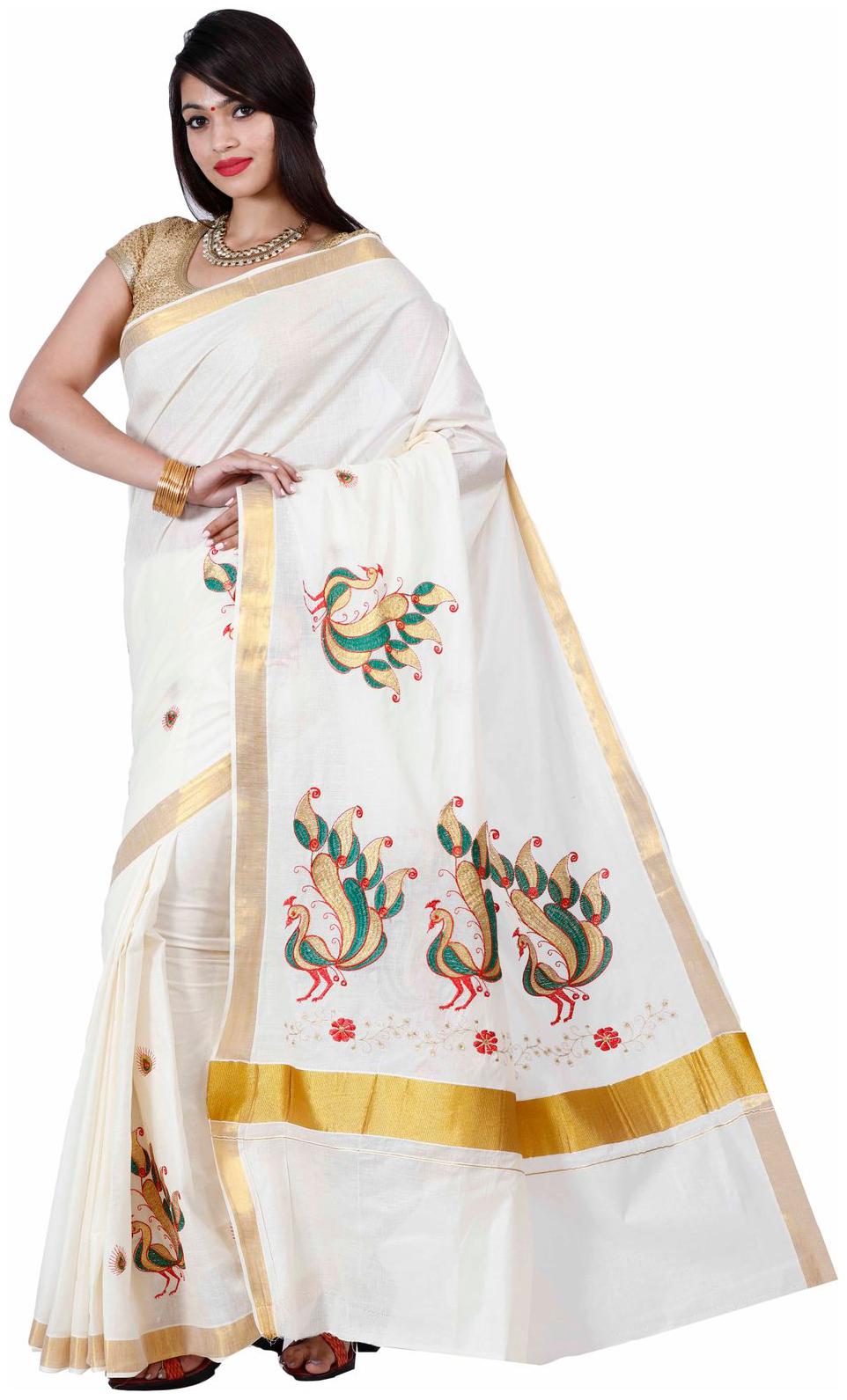 

JISB Kerala Kasavu with Pumpkin peacock embroidery border