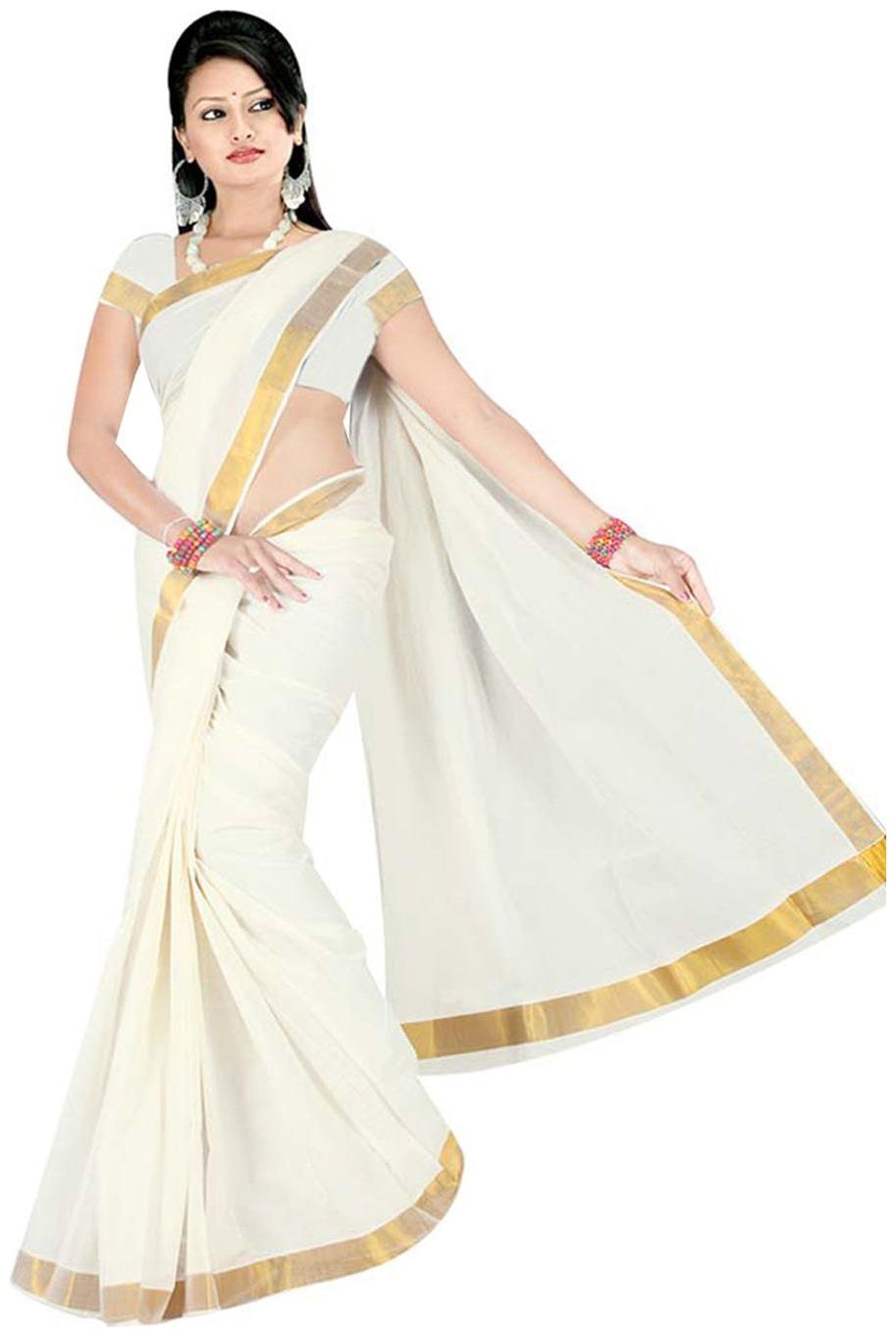 

JISB White Solid Kerala Kasavu Regular Saree With blouse