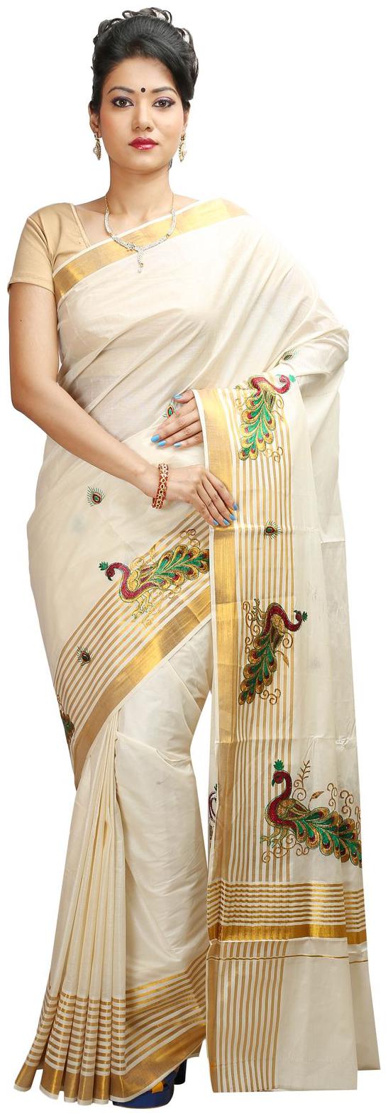 

JISB Kerala Kasavu Saree With Peacock Embroidery Border