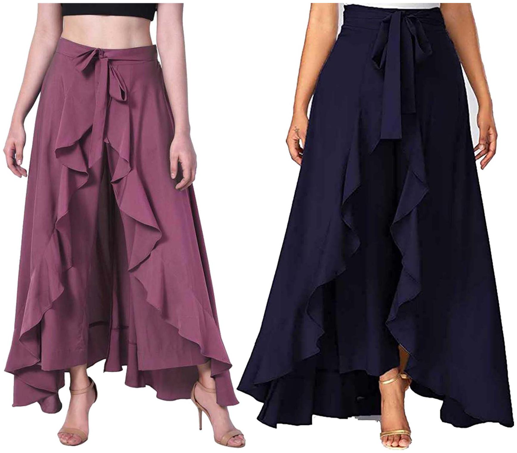 

JJ Fashion Purple Navy Blue Solid Flared Palazzo