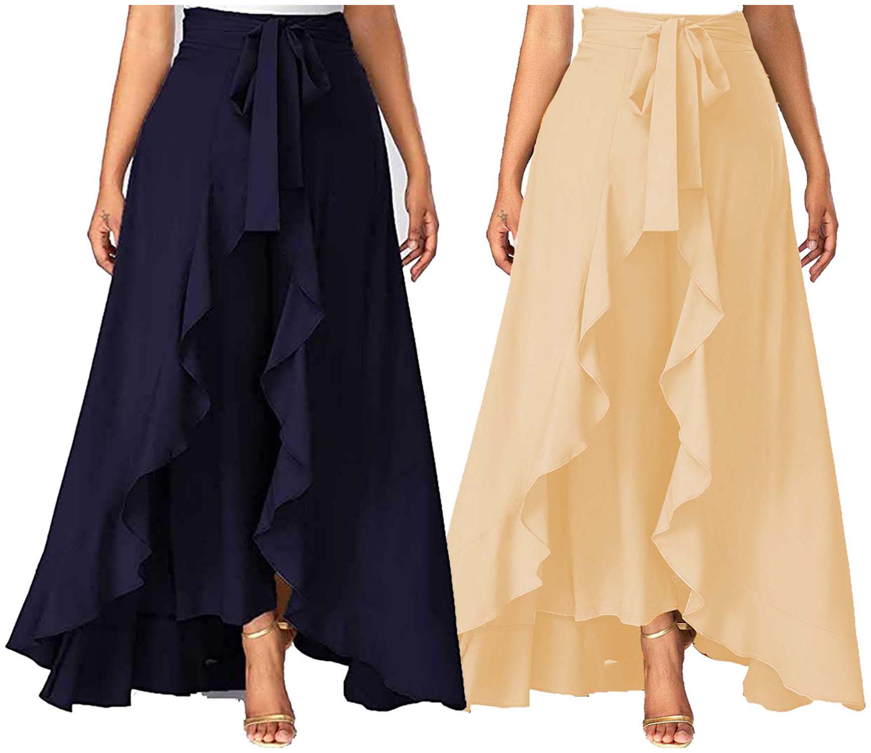 

JJ Fashion Navy Blue Beige Solid Flared Palazzo