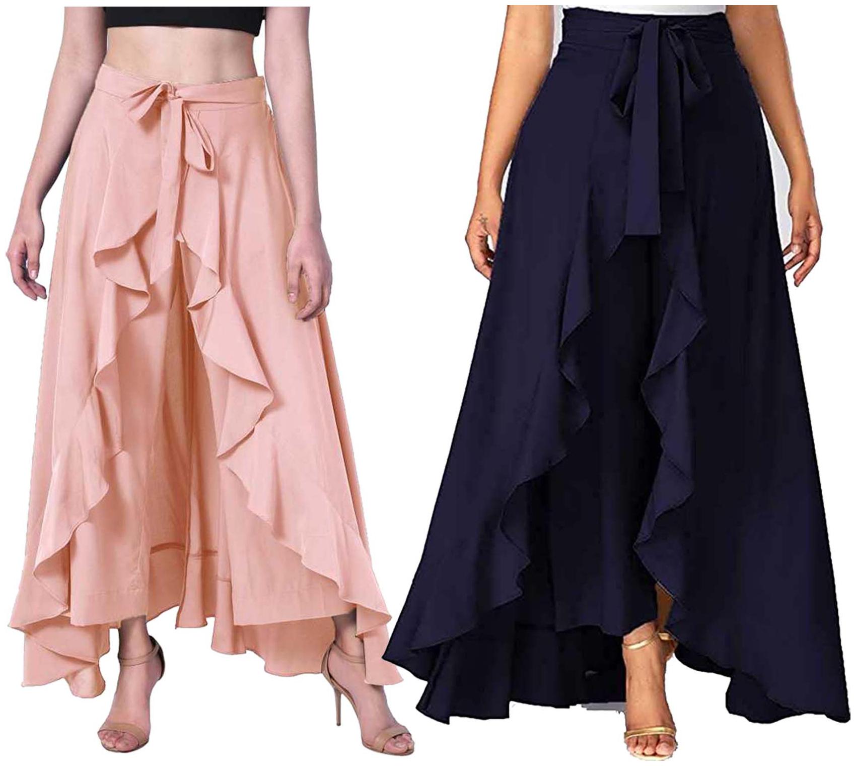 

JJ Fashion Peach Navy Blue Solid Flared Palazzo