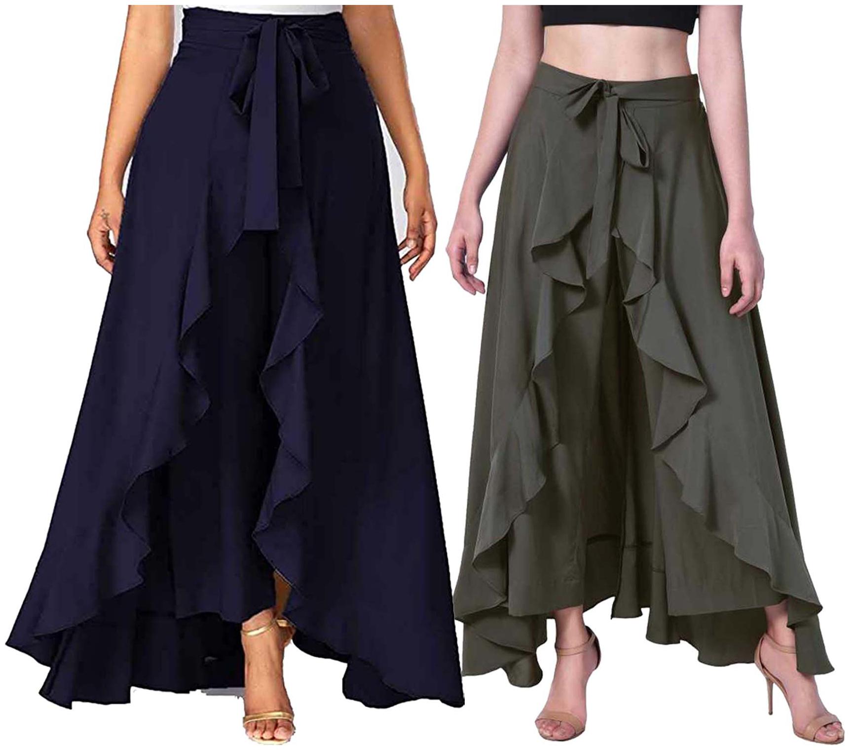 

JJ Fashion Navy Blue Green Solid Flared Palazzo