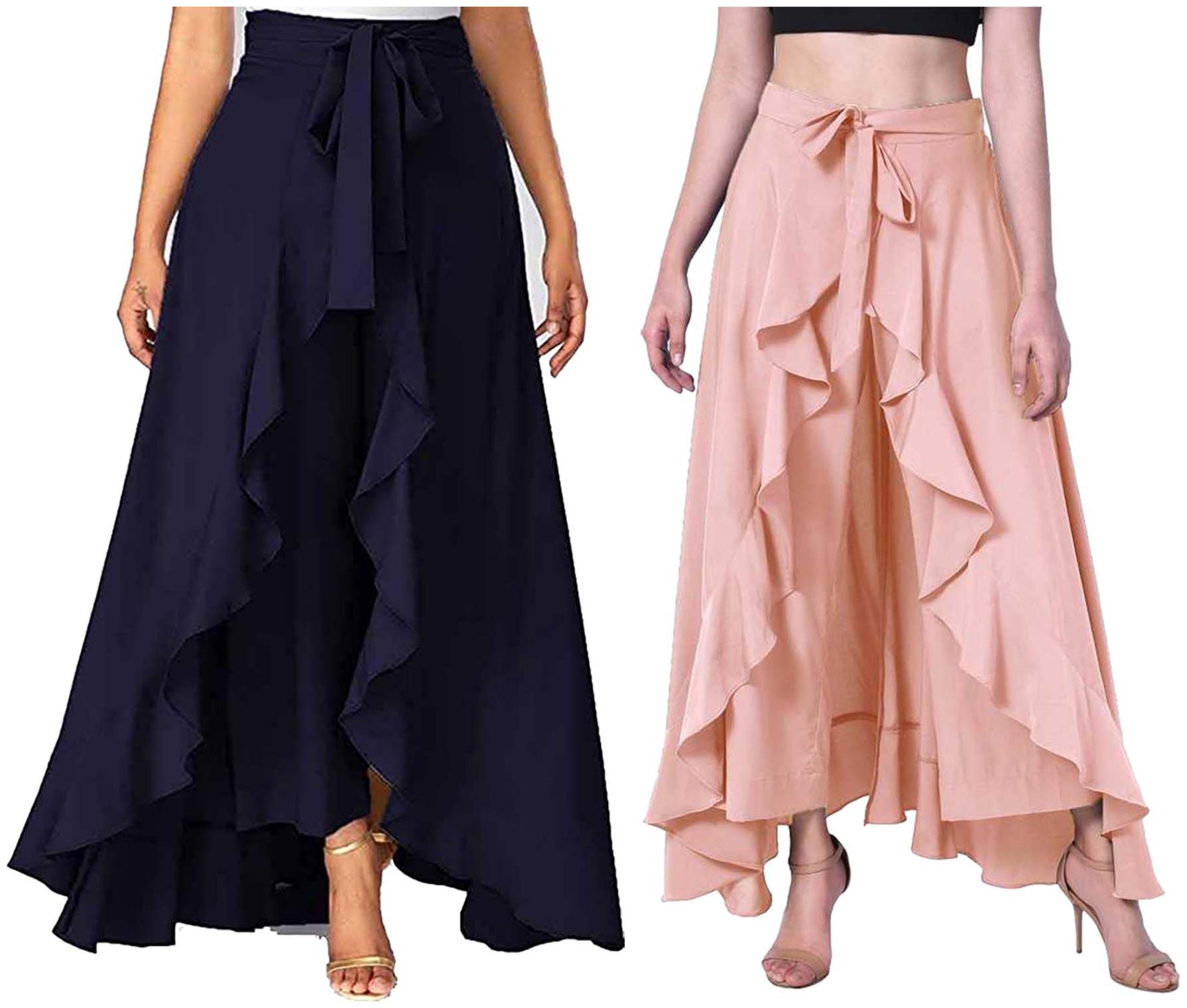 

JJ Fashion Navy Blue Peach Solid Flared Palazzo