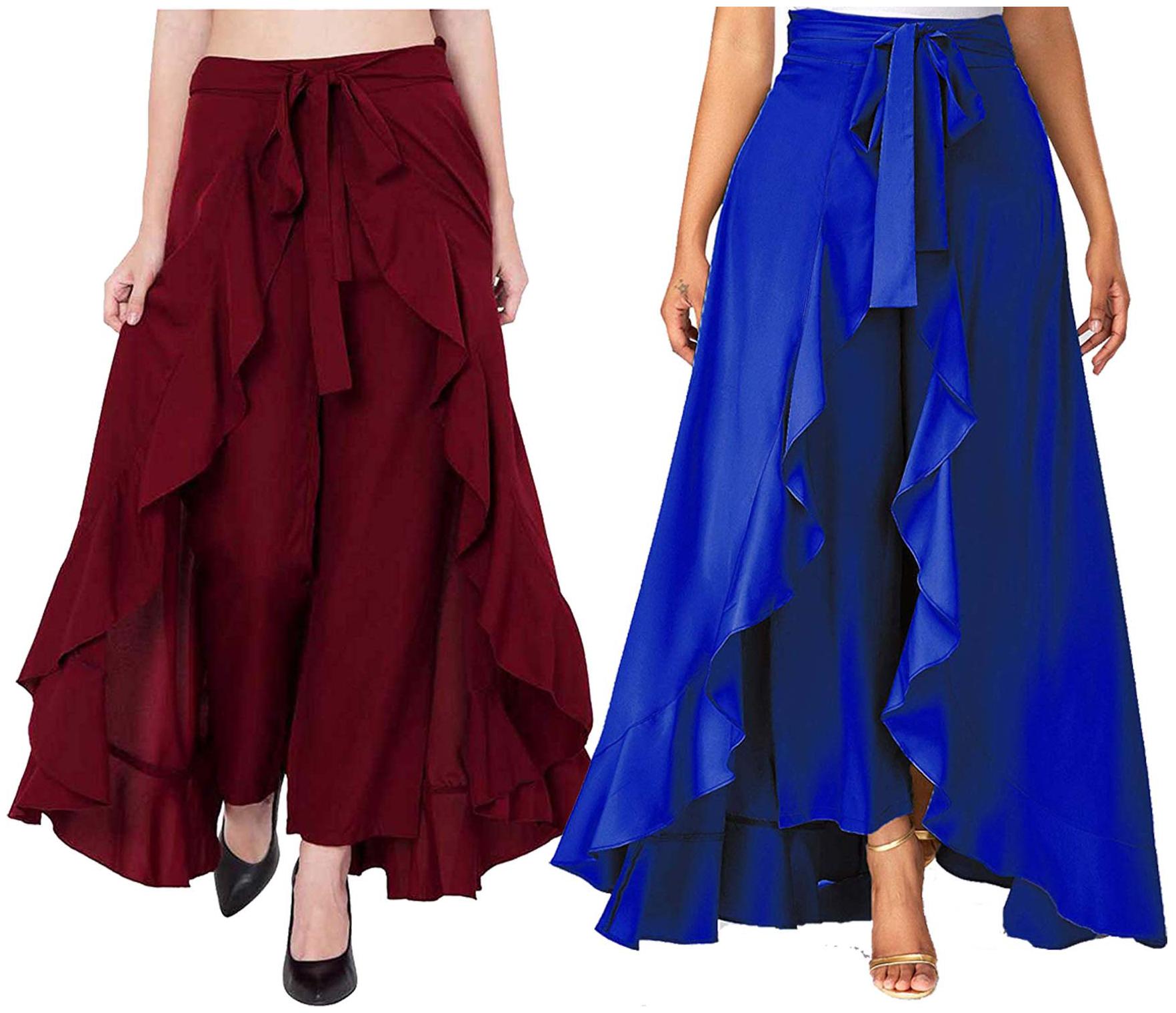 

JJ Fashion Maroon Blue Solid Flared Palazzo