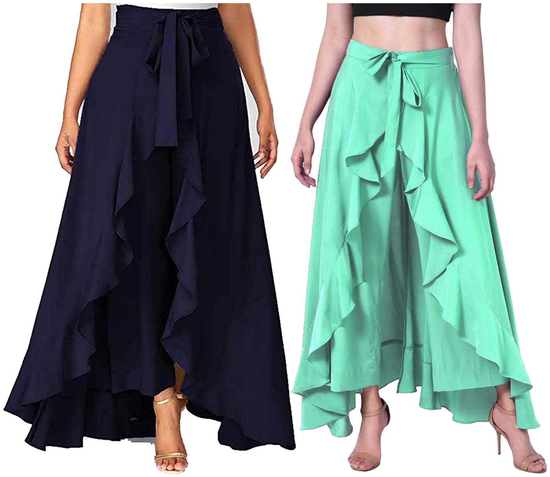 

JJ Fashion Navy Blue Green Solid Flared Palazzo