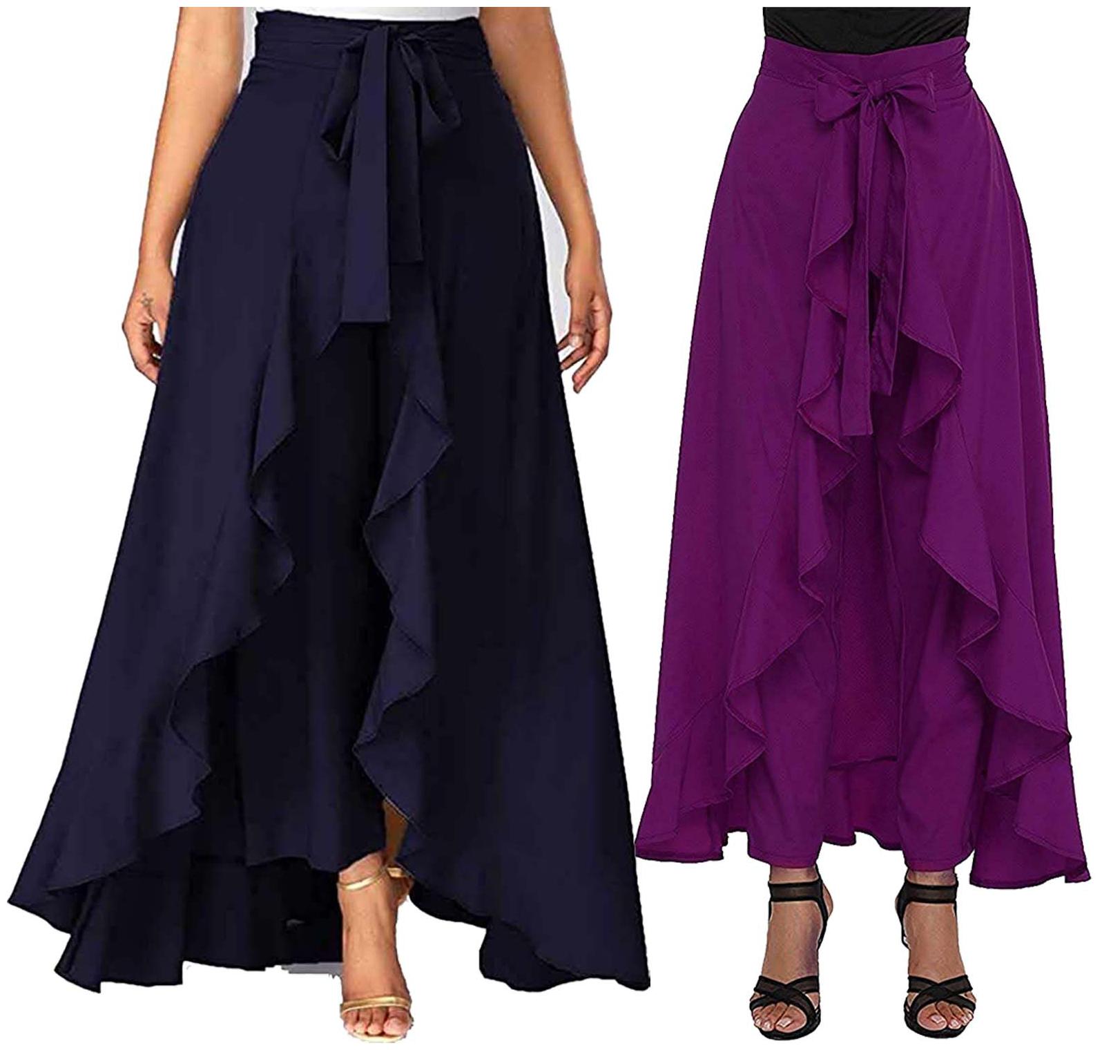 

JJ Fashion Navy Blue Purple Solid Flared Palazzo