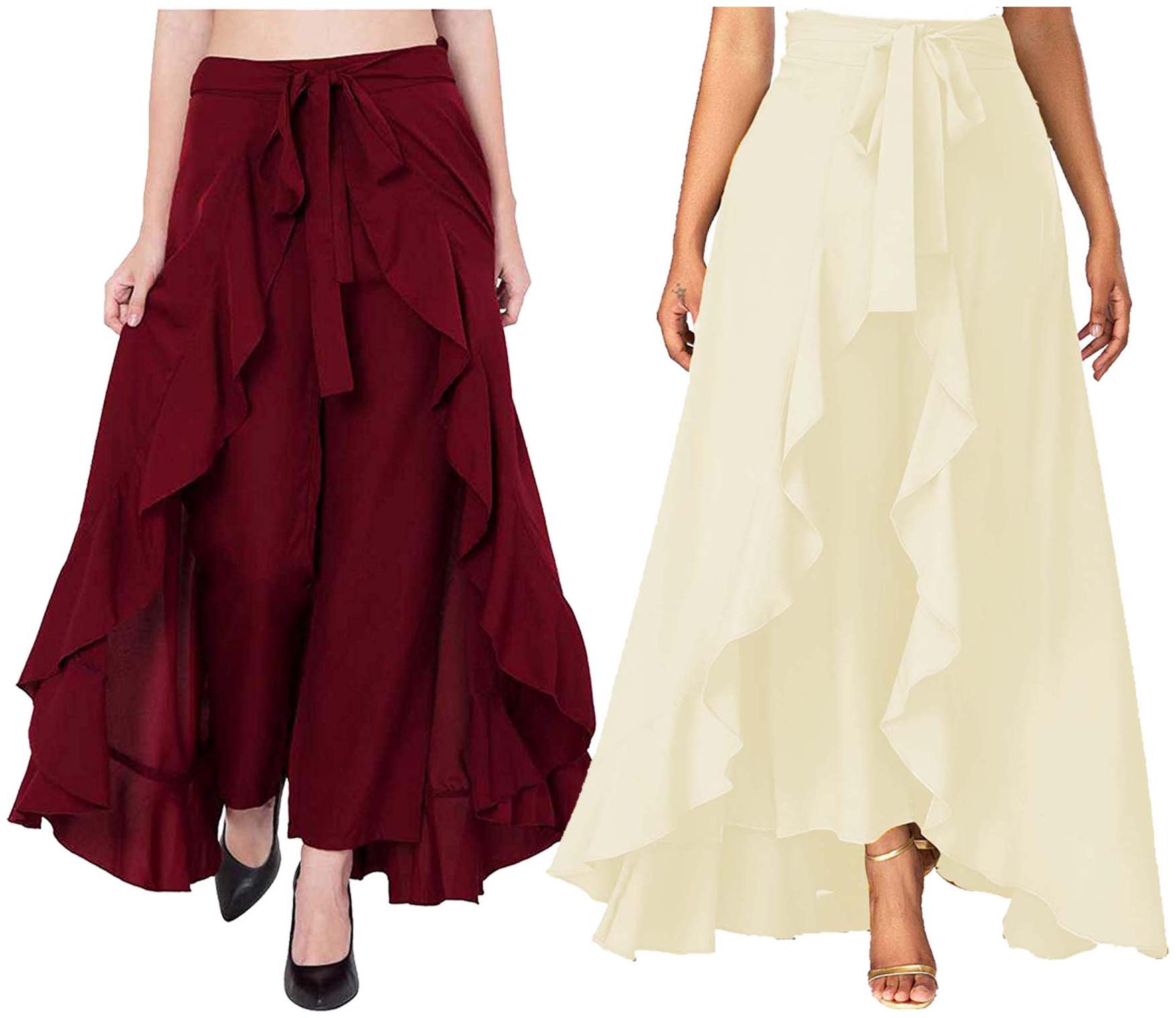 

JJ Fashion Maroon Cream Solid Flared Palazzo
