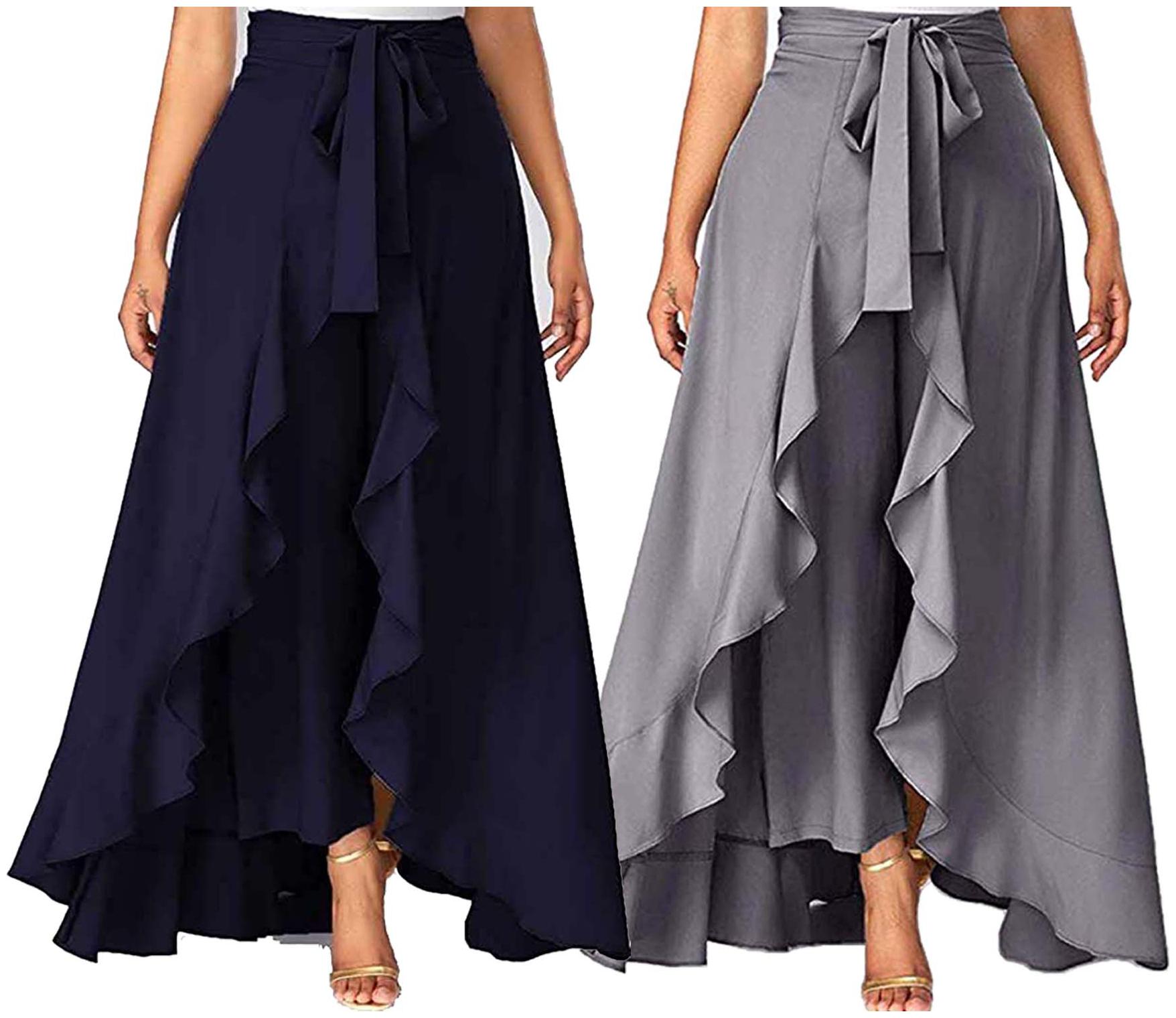 

JJ Fashion Navy Blue Grey Solid Flared Palazzo