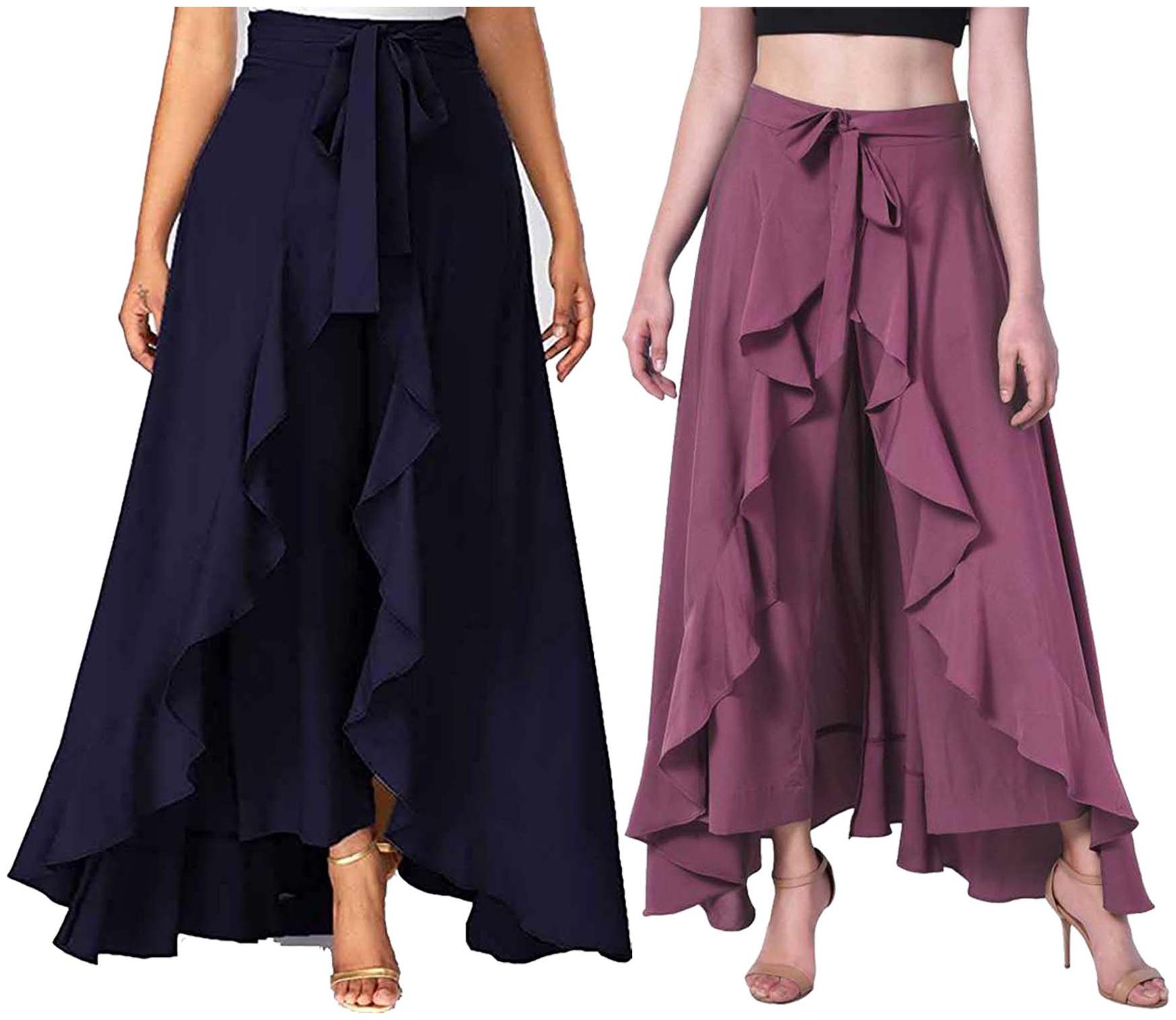 

JJ Fashion Navy Blue Purple Solid Flared Palazzo
