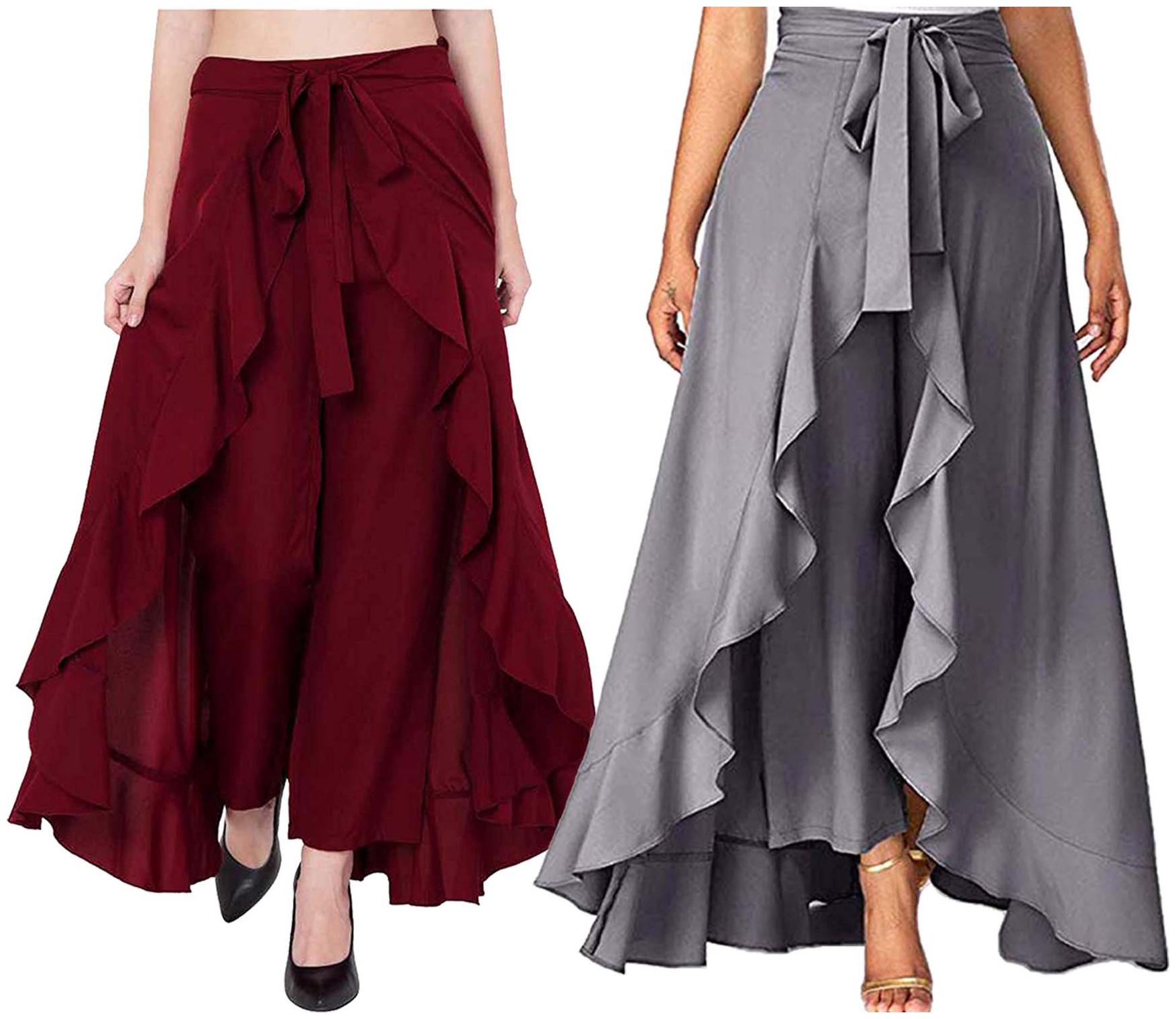 

JJ Fashion Maroon Grey Solid Flared Palazzo