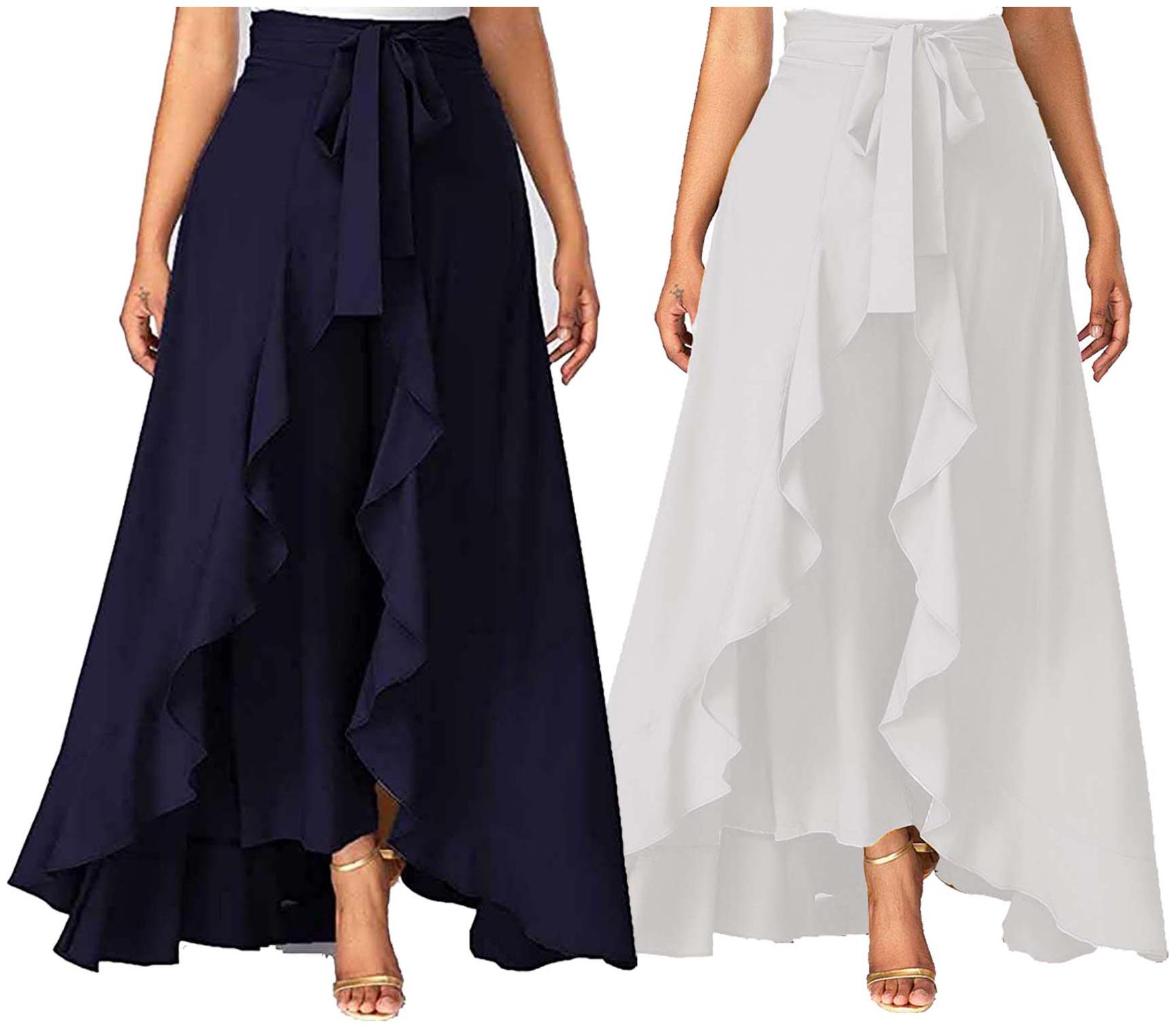 

JJ Fashion Navy Blue White Solid Flared Palazzo