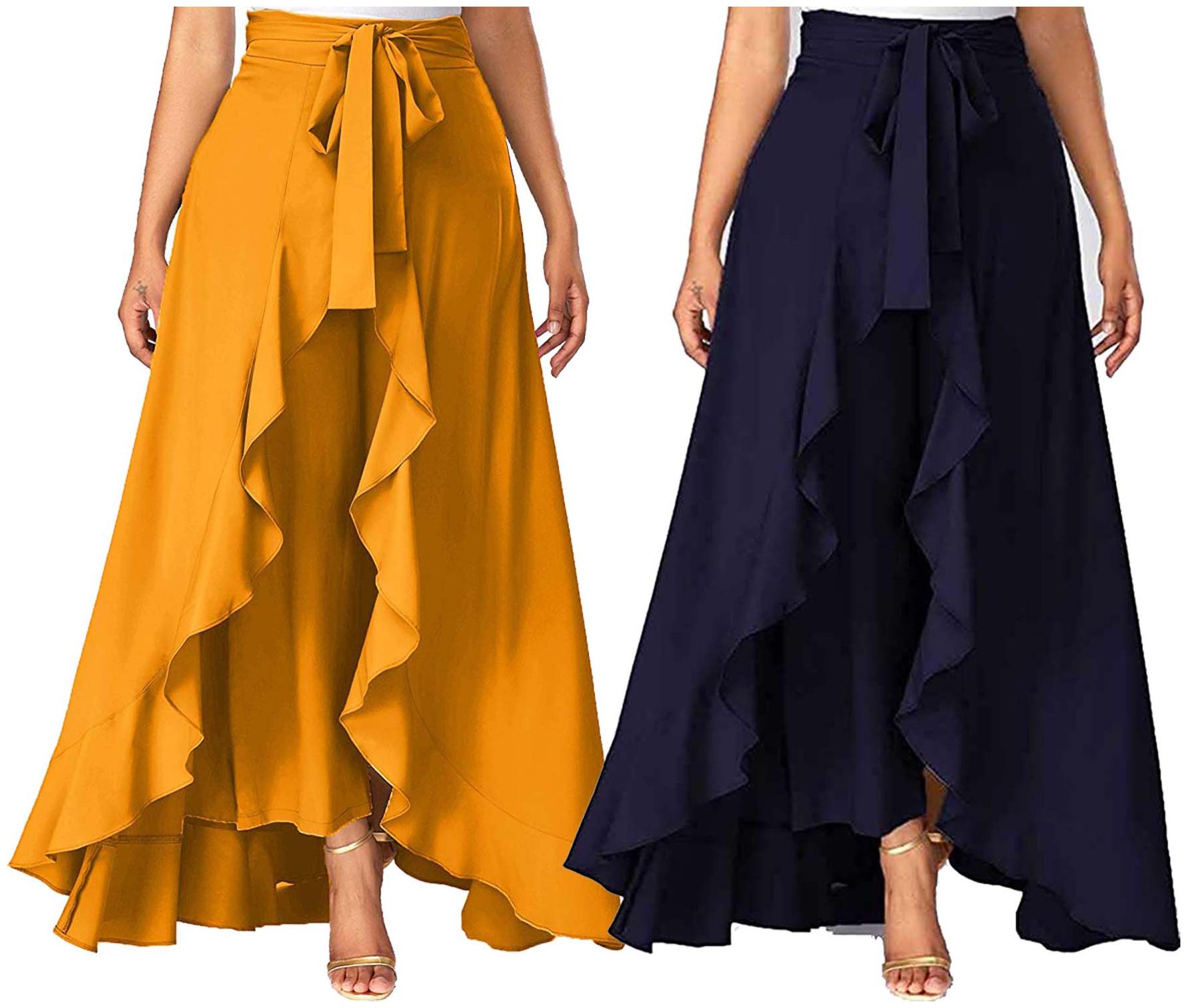 

JJ Fashion Yellow Navy Blue Solid Flared Palazzo
