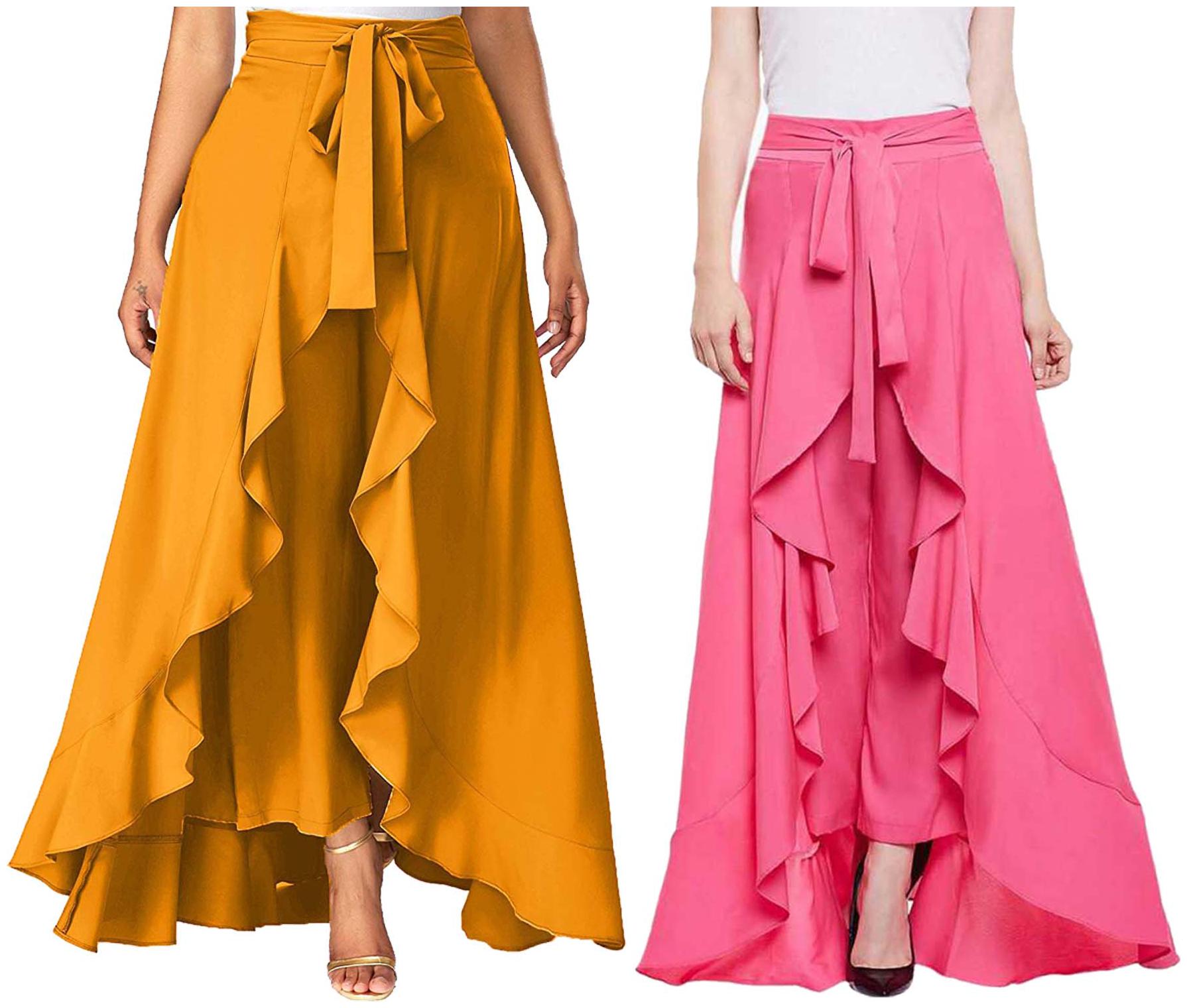 

JJ Fashion Yellow Pink Solid Flared Palazzo