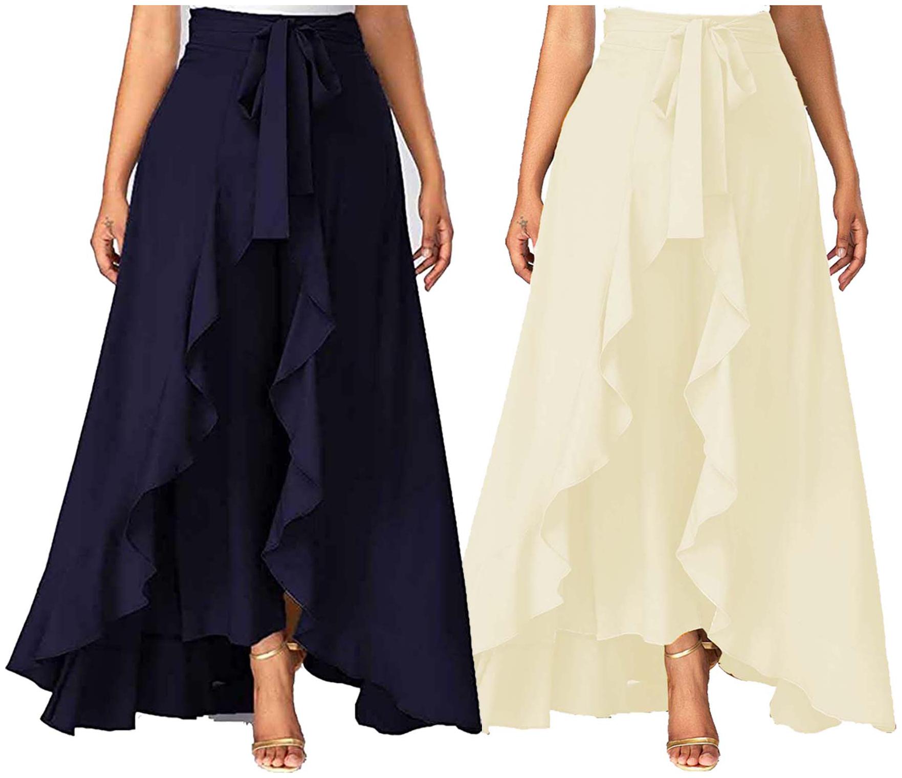 

JJ Fashion Navy Blue Cream Solid Flared Palazzo