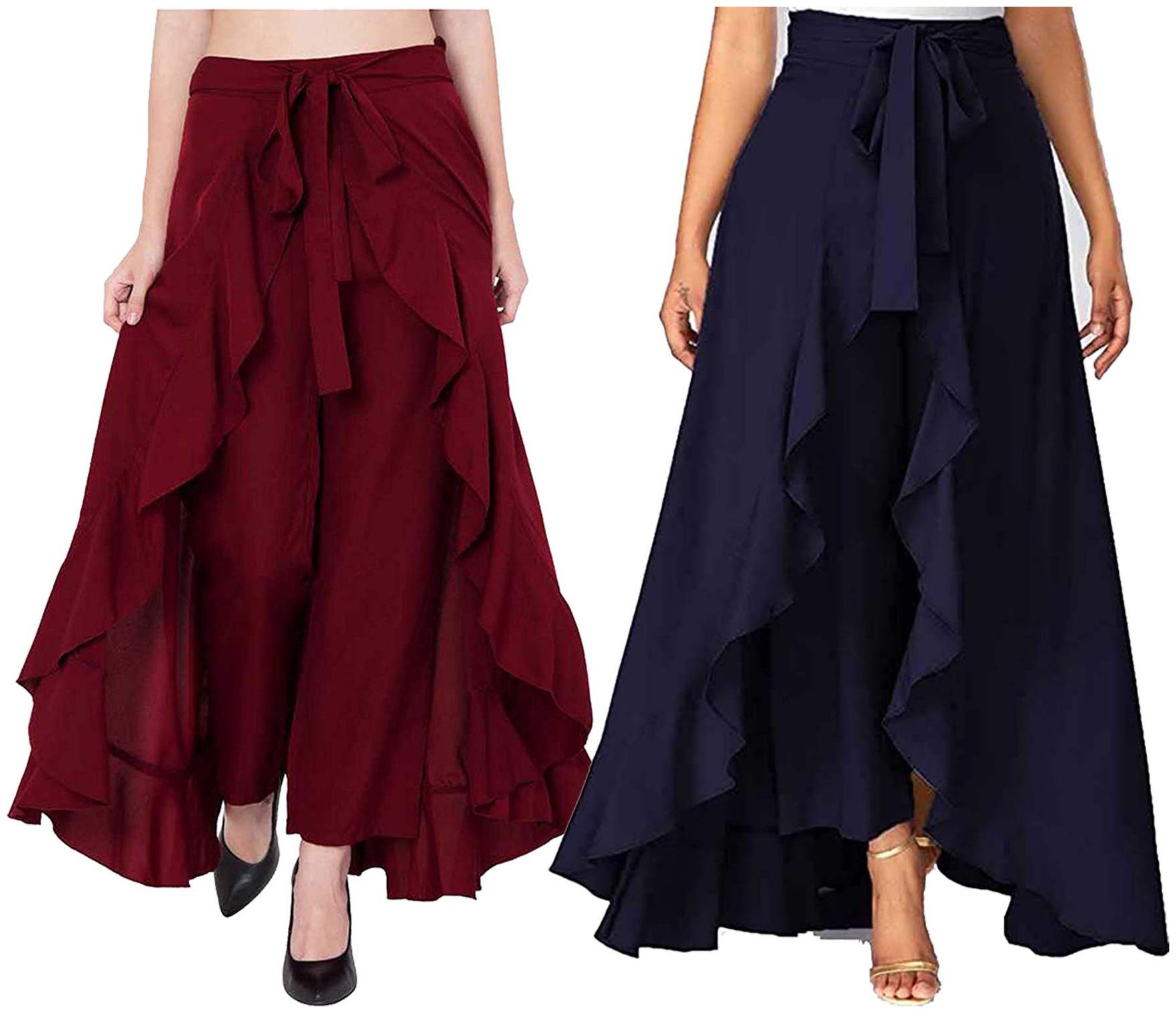 

JJ Fashion Maroon Navy Blue Solid Flared Palazzo