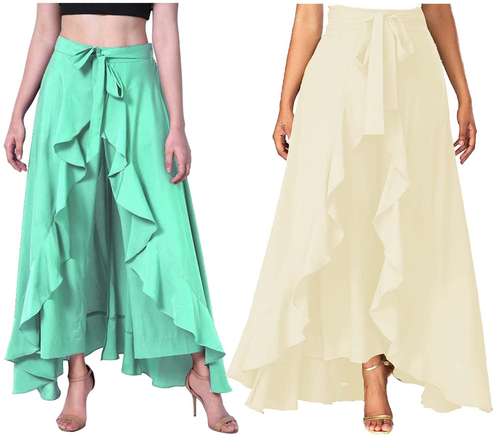 

JJ Fashion Green Cream Solid Flared Palazzo