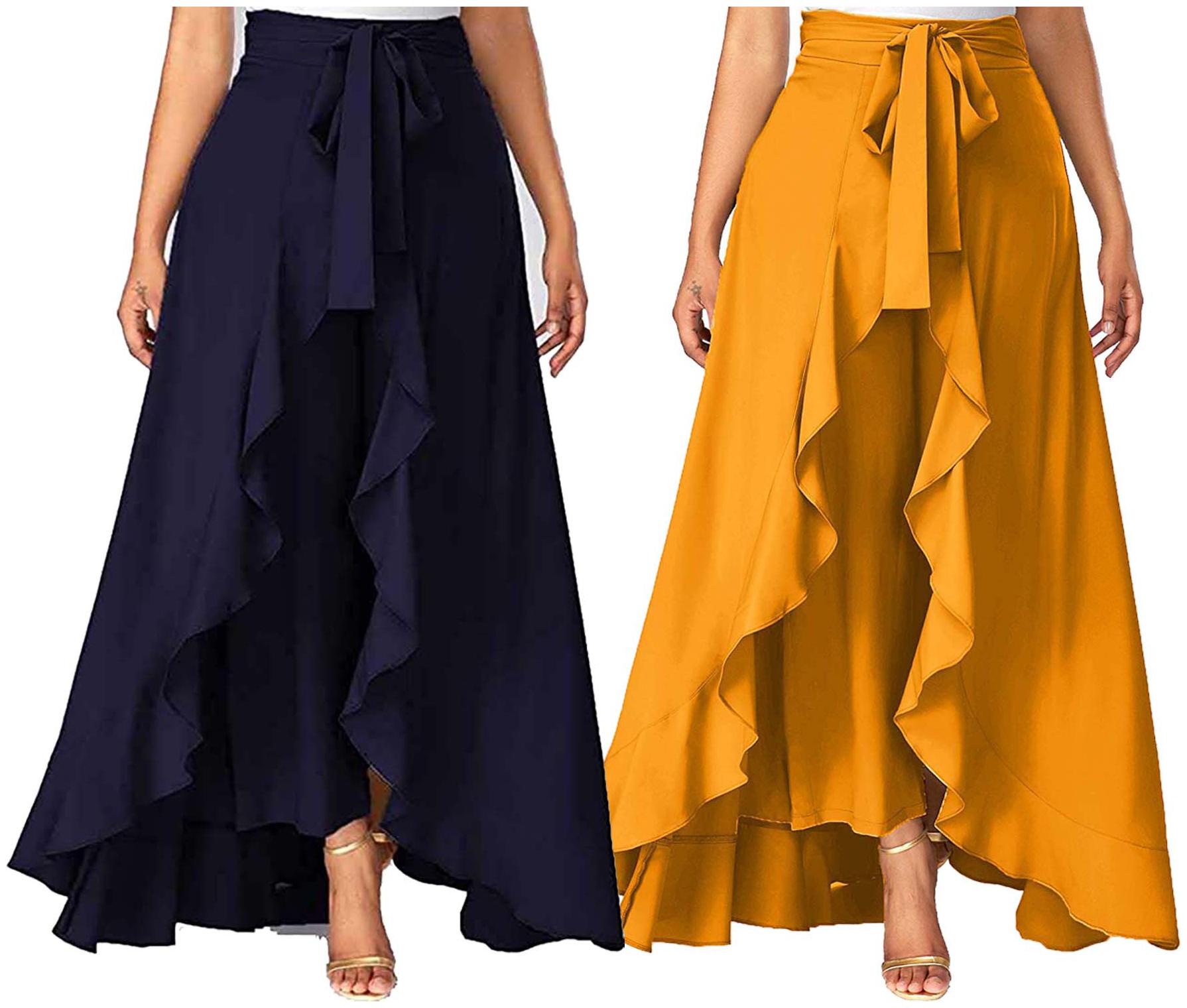 

JJ Fashion Navy Blue Yellow Solid Flared Palazzo