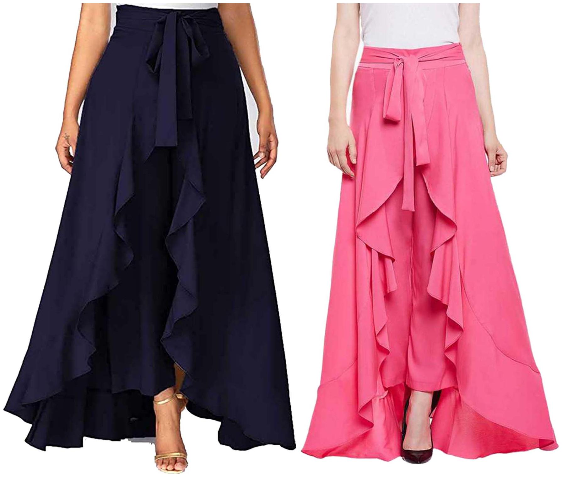 

JJ Fashion Navy Blue Pink Solid Flared Palazzo