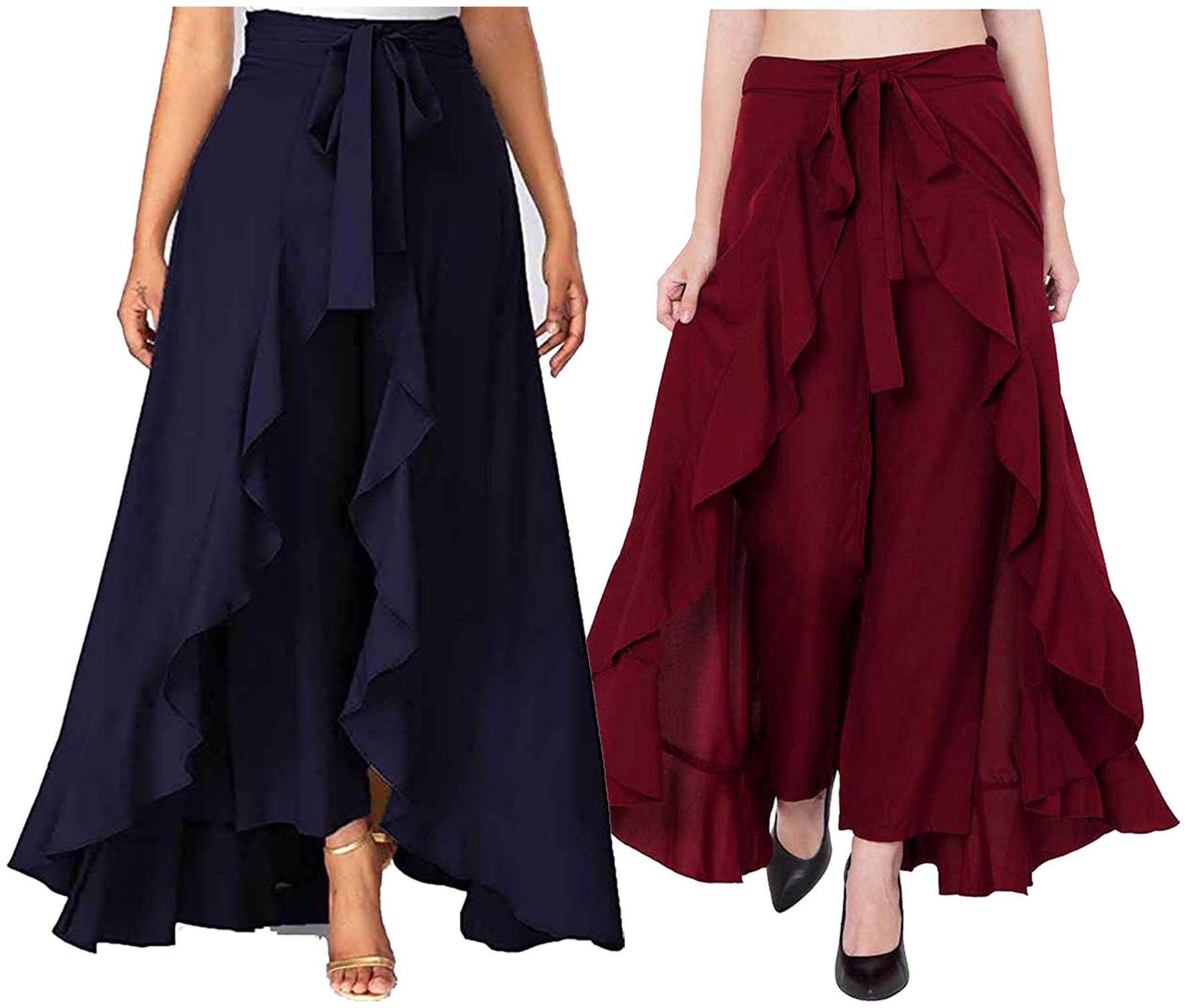 

JJ Fashion Navy Blue Maroon Solid Flared Palazzo