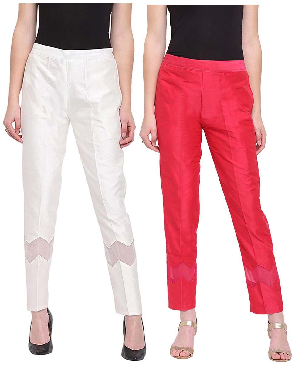 

JJ Fashion Women White Pink Regular fit Regular pants