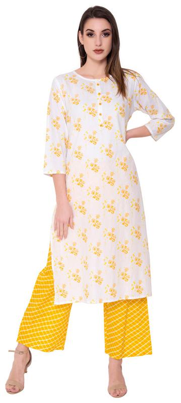 

JNY SALES Women White Yellow Floral Regular Kurta With Palazzo