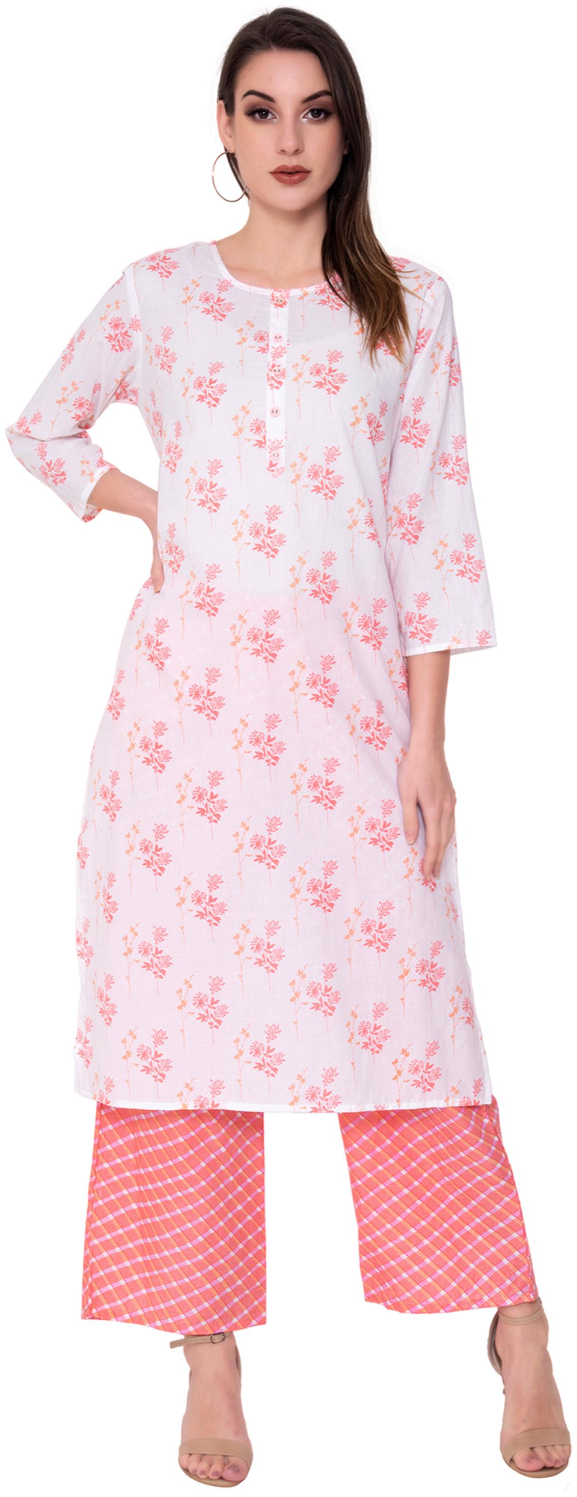 

JNY SALES Women White Pink Floral Regular Kurta With Palazzo