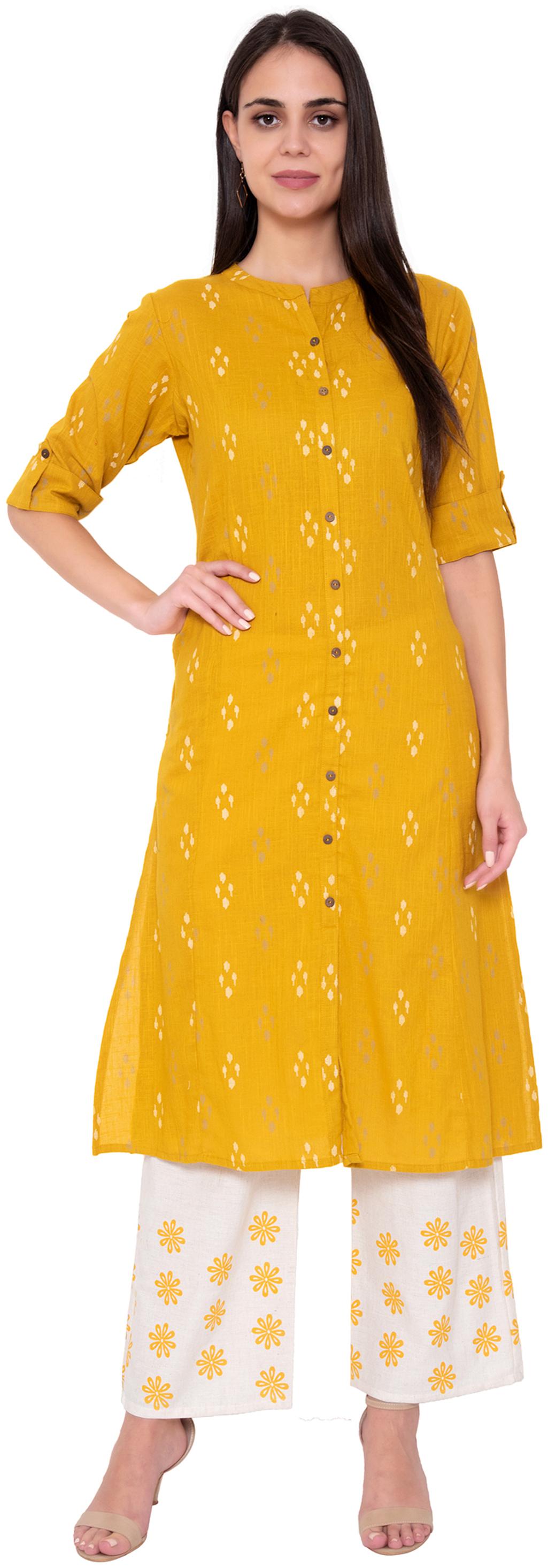

JNY SALES Women Yellow Ikat A-Line Printed kurta Palazzo Set