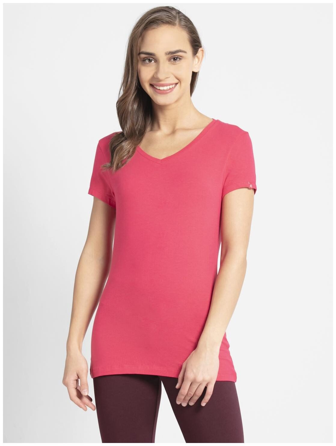

Jockey Women Pink Regular fit V neck Cotton T shirt
