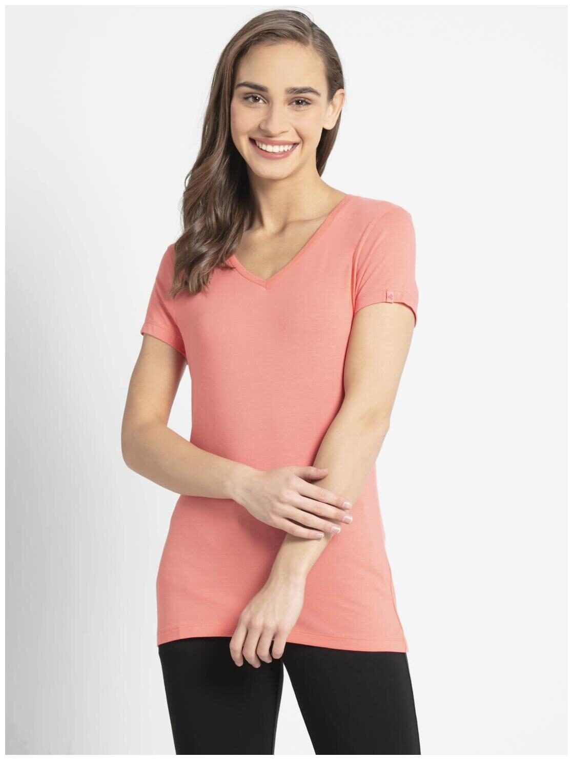 

Jockey Women Pink Regular fit V neck Cotton T shirt