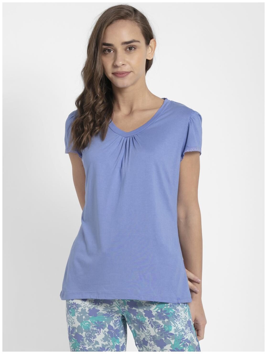 

Jockey Women Blue Regular fit V neck Cotton T shirt