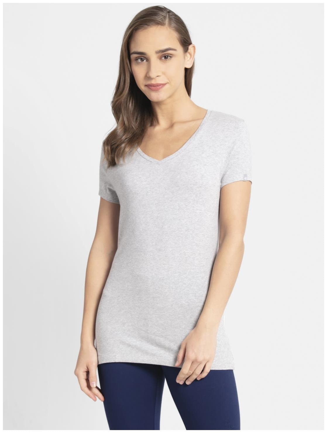 

Jockey Women Grey Regular fit V neck Cotton T shirt
