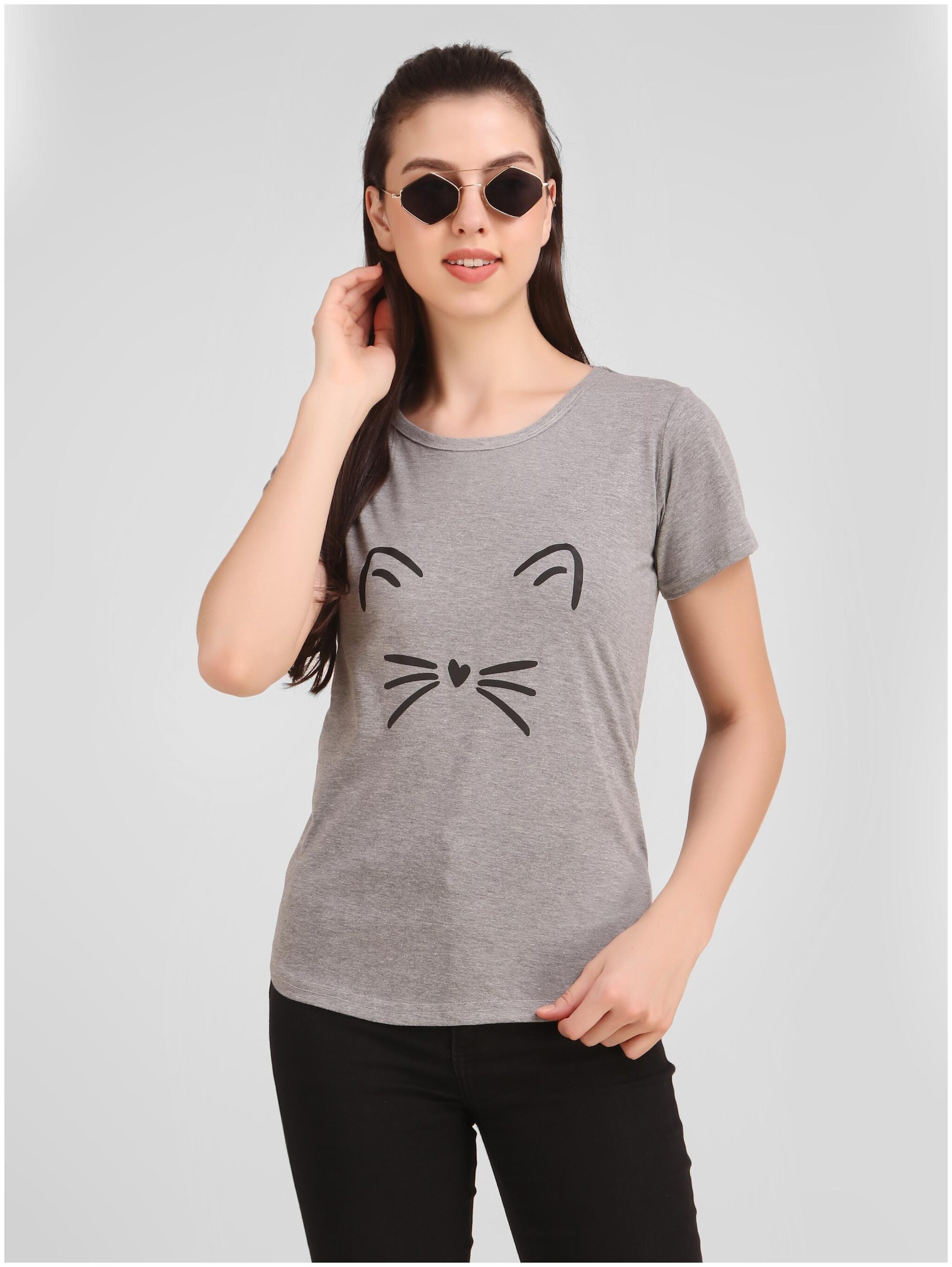 

Jollify Women Grey Regular fit Round neck Blended T shirt