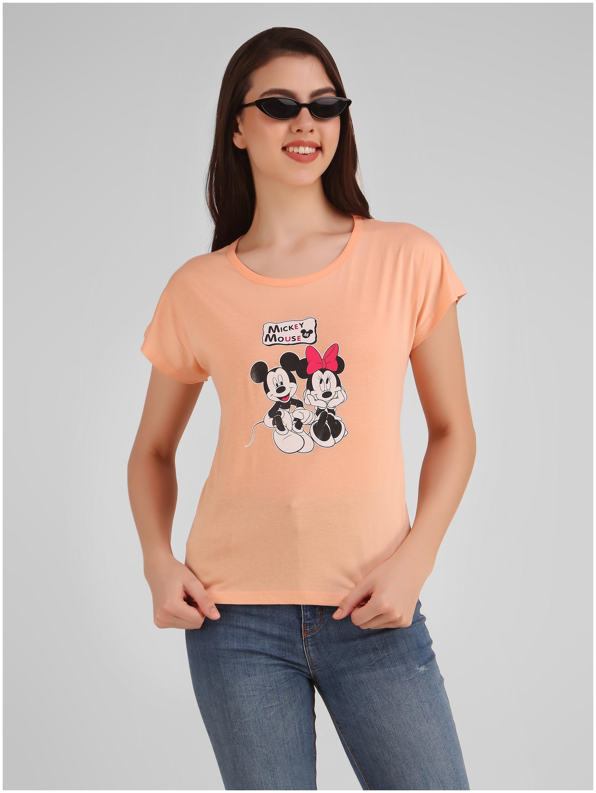 

Jollify Women Peach Regular fit Round neck Blended T shirt